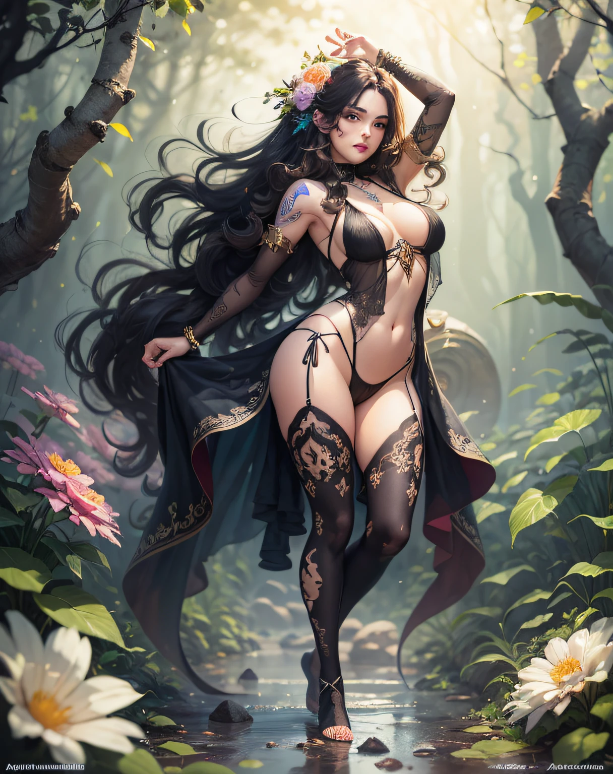 Lisa Frank Art Color, Full Body, Small Breasts, Perfect Buttocks, Beautiful Woman, Multicolored Long Hair, Multicolored Aurora, Art Face by Tom Bagshaw, Emile Vernon Style, Full Body Dynamic Motion Pose, Beautiful Woman with Long Hair, Jewelry gold, oil painting, fantasy, intricate, stunning highly detailed girl by Artgerm and Edouard Bisson, beautiful elegant, fantasy, flowers, forest, Highly Detailed, Digital Airbrush, photorealistic, Octane Rendering, black hair, black lips, gothic, rapunzel hair long, long golden and black hair, long golden and black hair, Digital Painting, soft skin wide eyes watercolor, style, sketch, Watercolor paiting, Watercolorist, Portrait of a beautiful girl with long curly hair, Vintage cartoon, GHIBLI , Artgerm, WLOP , Alphonse Mucha Intricately detailed hyper-detailed dynamic lighting Splash art trend in triadic colors Artstation Volumetric lighting Unreal Engine 5, See-through clothing, slight smile,, legs spread, View of pubic hair, 1 sexy girl in see-through forest clothing, breasts exposed, Open transparent T-shirt, Tattoos of mandalas and flowers, The best quality,