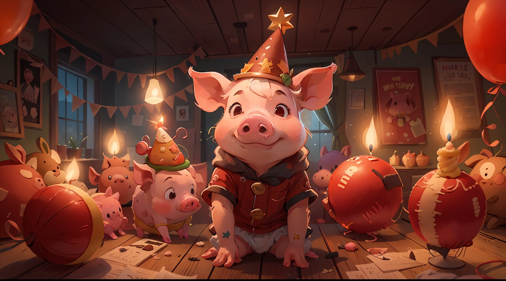 k hd，detail-rich，Cute little piglet dressed in red and red hat，There was a birthday cake in the room，There are candles and balloons on it，At night，The room was lit with warm lights