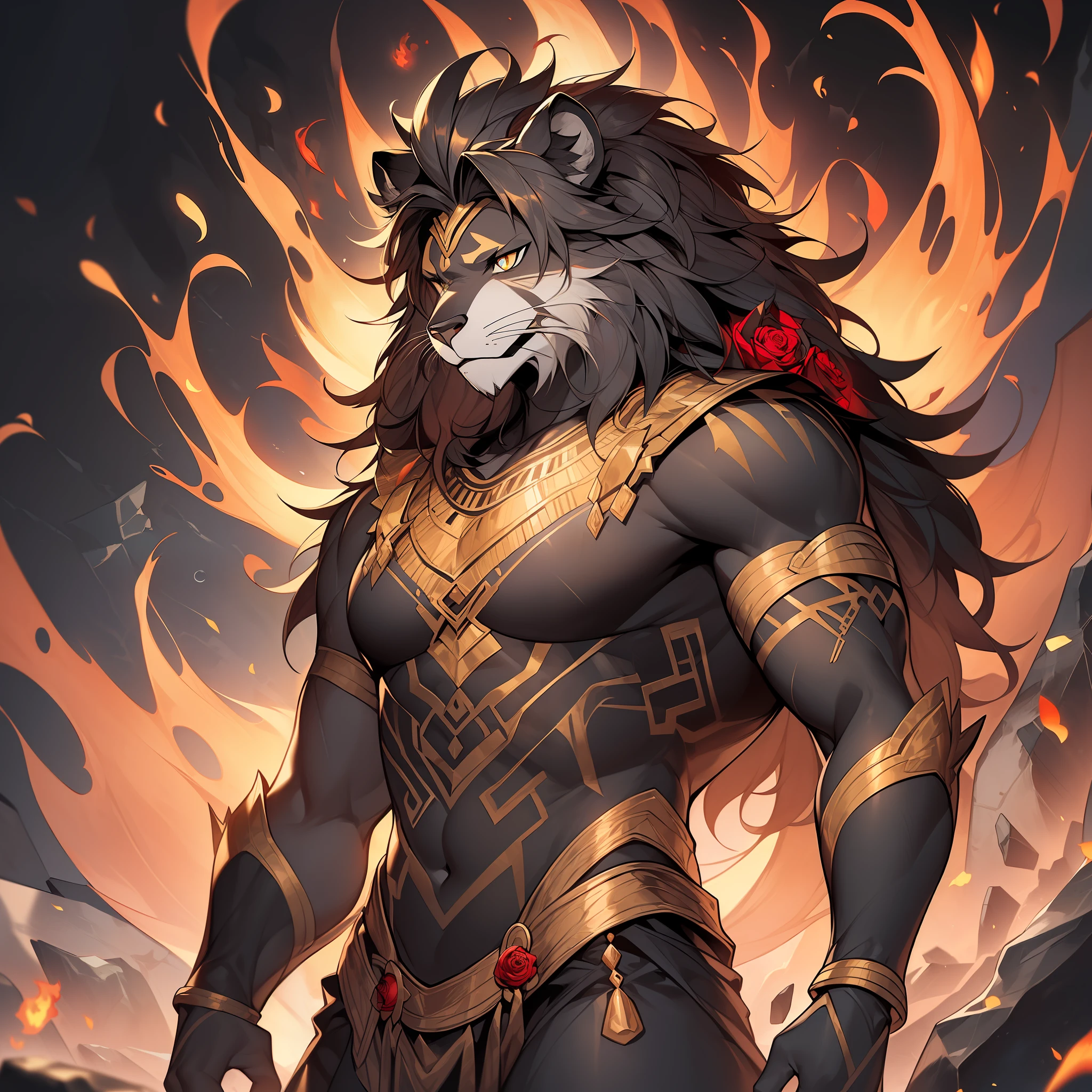 (Golden ratio:1.2),[(Black background:1.4)::10],(Masterpiece), (Best quality), (Ultra detailed),(Disheveled hair),(illustration),1 man,Furry,Solo,lion head,Golden eyes,Majestic and huge head,sparkling hair,Red hair,wild style,Beast-headed man,(Ancient Egyptian dress-up),(Headcanopy),Majestic adult male,Shirtless,((There are shining Lune words on the body:1.3)),(athletic body:1.2),(standing on broken stone floor:1.2)+(Red flames rose all around:1.3)+[(Inception:1.2)],UHD, retina, anatomically correct, textured skin, super detail, best quality, highres