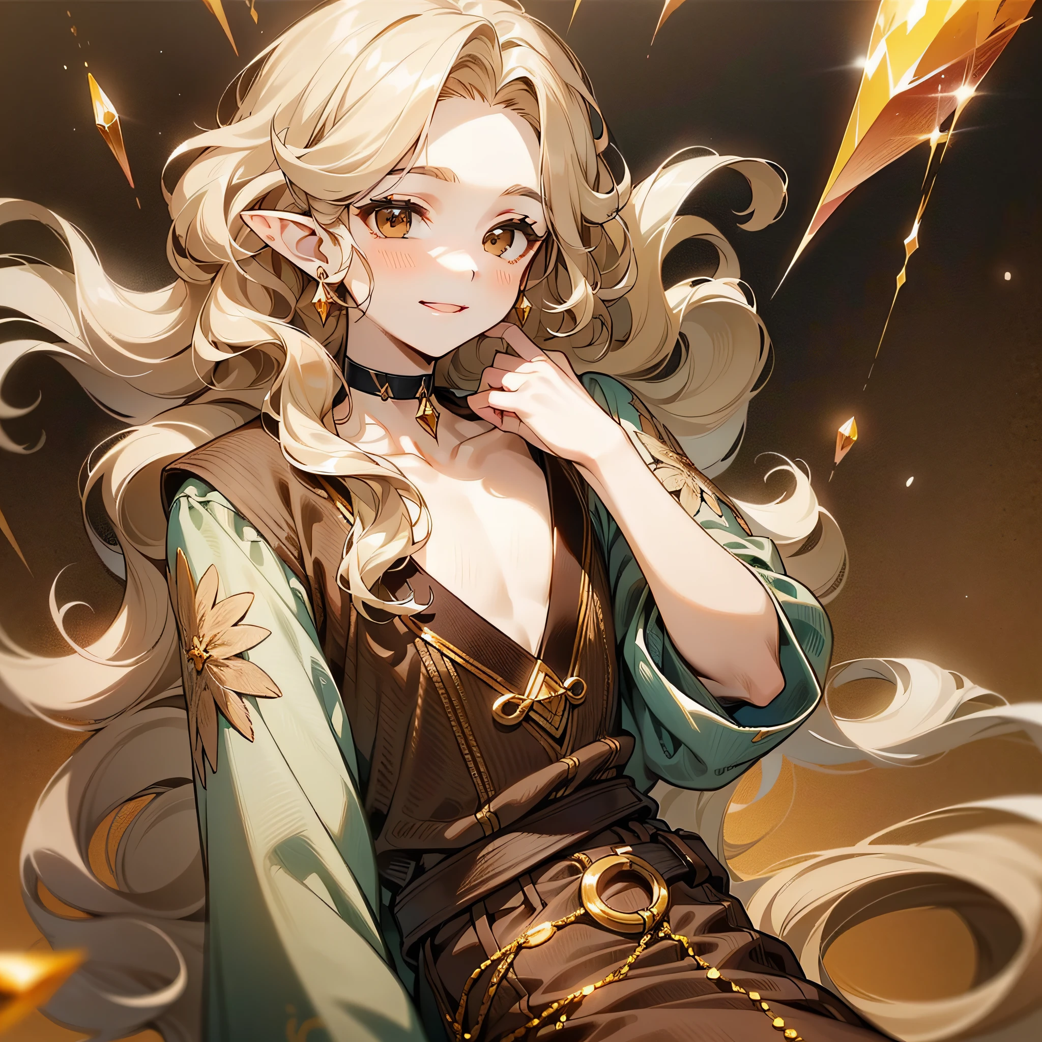 ((young man)), (((one person))), (((single))), (((solo))), (slim body), (((flat chest))), ((pale skin)), (((light blonde hair))), ((pointy ears)), (((very poofy hair))), ((very fluffy hair)), (((wavy hair))), (((very long hair))), ((full hair)), (((dark brown colored eyes))), (((dark brown eyes))), cute face, ((fantasy style)), (((brown choker))), (((male))), guy, boy, (((wearing fantasy style clothes))), (((patterns on the clothes))), magic, (((brown colored clothes))), (((brown clothes))), embroidery on clothes, ((white colored crystal on the choker)), smiling, (((wearing brown pants)))