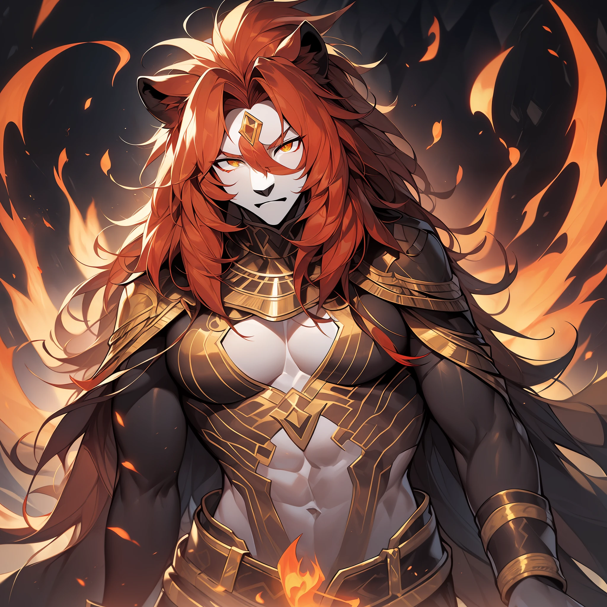 (Golden ratio:1.2),[(Black background:1.4)::10],(Masterpiece), (Best quality), (Ultra detailed),(Disheveled hair),(illustration),1 man,Furry,Solo,lion head,Golden eyes,Majestic and huge head,sparkling hair,Red hair,wild style,Beast-headed man,(Ancient Egyptian dress-up),(Headcanopy),Majestic adult male,Shirtless,((There are shining Lune words on the body:1.3)),(athletic body:1.2),(standing on broken stone floor:1.2)+(Red flames rose all around:1.3)+[(Inception:1.2)],UHD, retina, anatomically correct, textured skin, super detail, best quality, highres
