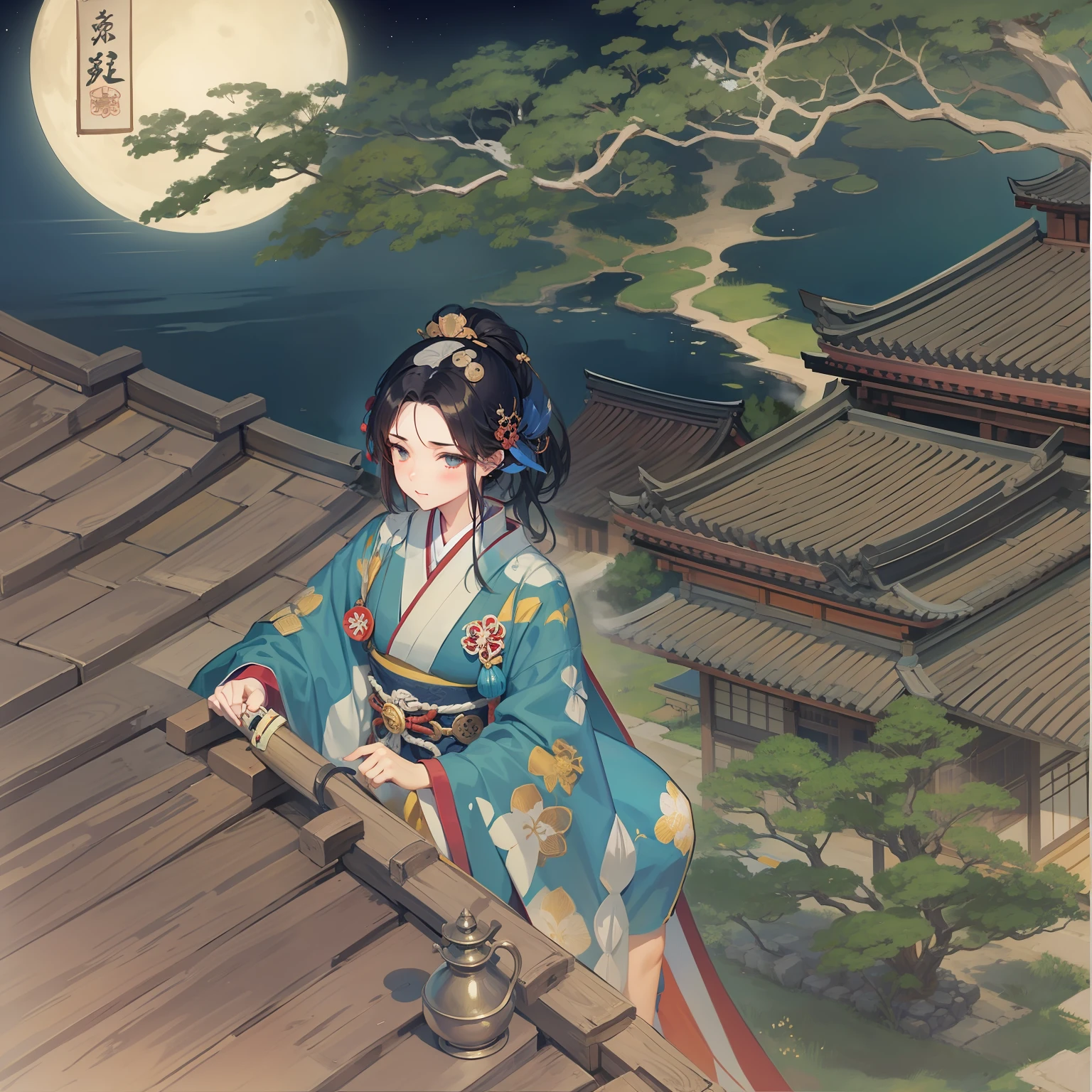 Above the castle、Townscape of the Edo period、Cool Japan priestess looking down from the rooftop、Have a smoke tube、Night painting