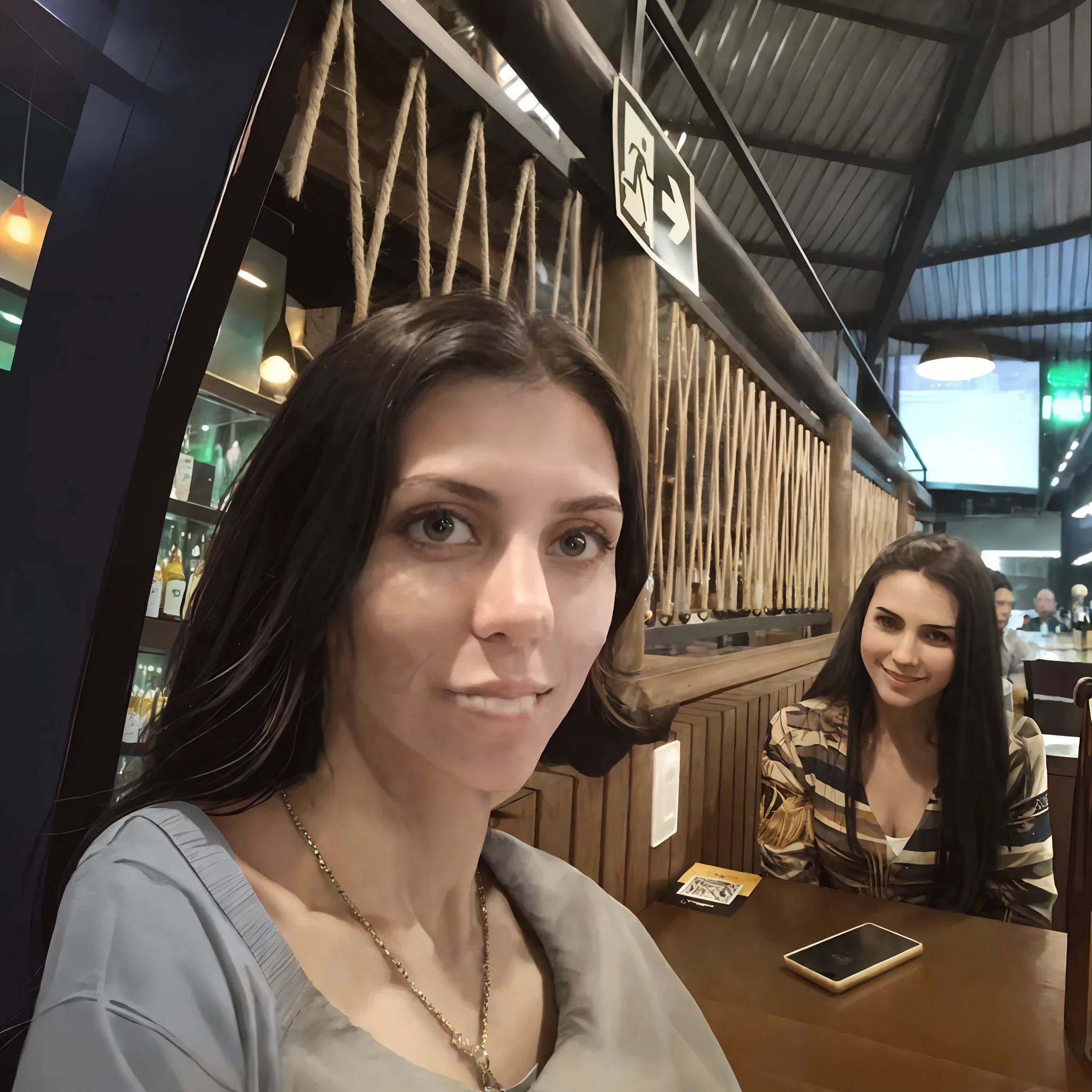 There are two women sitting at a restaurant table, no pub, em um bar, em um pub, Directed by: Nandor Soldier, em um bar, foto de baixa qualidade, Foto POV, imagem de perfil, Em um bar Tiki, 3 0 anos de idade mulher, peixes no fundo, Mulher de 30 anos, sentado no bar