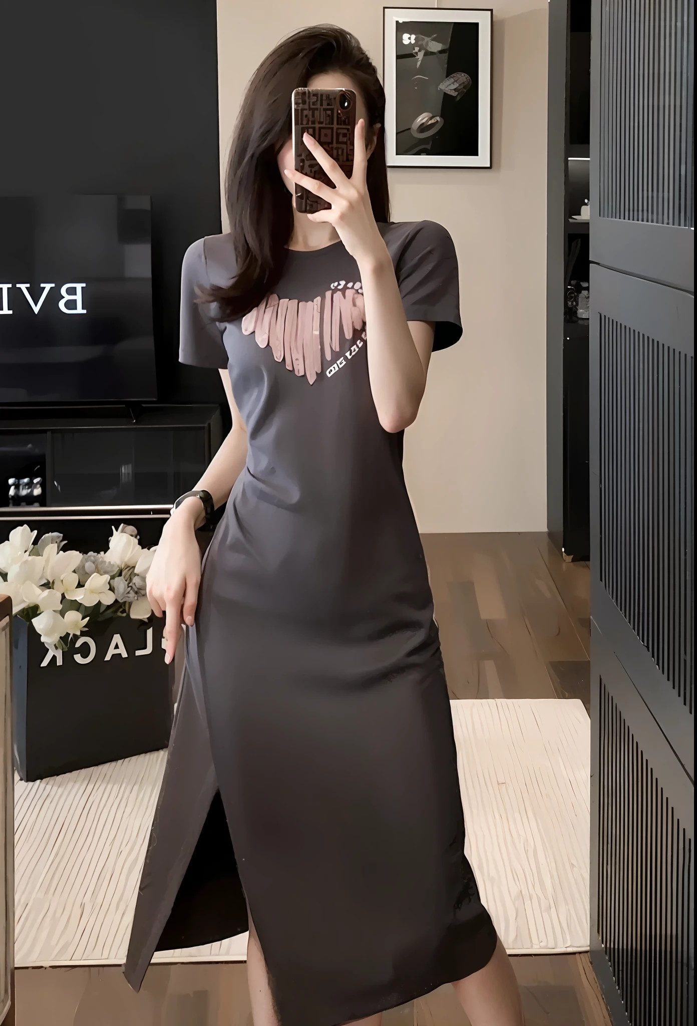 Woman taking a picture of herself in dress in living room, simple dress, dress, light half opened dress, trendy dress, airbrush dark dress, soft silk dress, stylish dark dress, Transparent gray dress, frock, Luxury dress, Elegant dress, sophisticated dress, revealing stylish dress, Long dress, sakimichan, Lady, Stylish, Bodycon dress