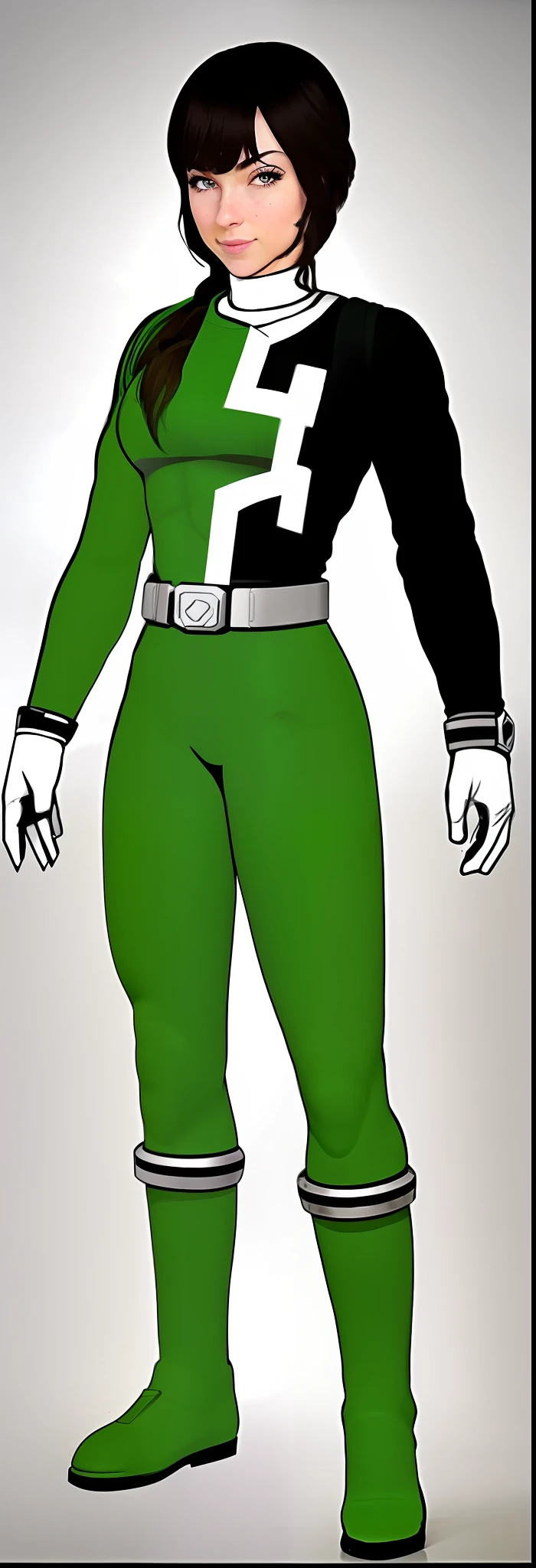 muscular beautiful woman in green Power Ranger costume, Power Rangers SPD, Dekaranger, SPD Green, Dekagreen, photo of cheerfull Happy extroverted muscular woman with sassy look, large breasts, superhero pose, hyperdetailed, sunlight, (8k), realistic, symmetrical, award-winning, cinematic lightning, soaked, film, 75mm, full body shot, close-up, torn and dirty clothes, detailed face