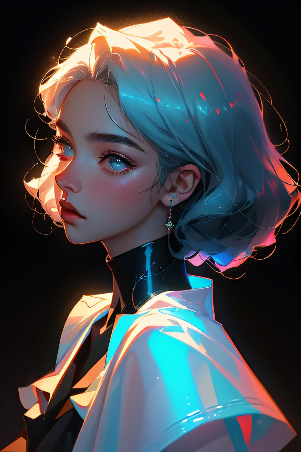 Highest quality,The perfect masterpiece,Perfect artwork,8K, (Upper Body Portrait:1.5),(((Seen from the side:1.2))),close-up lens,Delicate face, Whitehaire boy,(hakuhatsu:1.3),curly hair boy,(((male character))),(Black background:1.3), pearl illusion,Cyberpunk boy,fashion trend(((boy))),3s material,high-definition,detail representation,c4d,3D,octane rendering,ray tracing,complex details,animated lighting,OCrenderer,8k,
