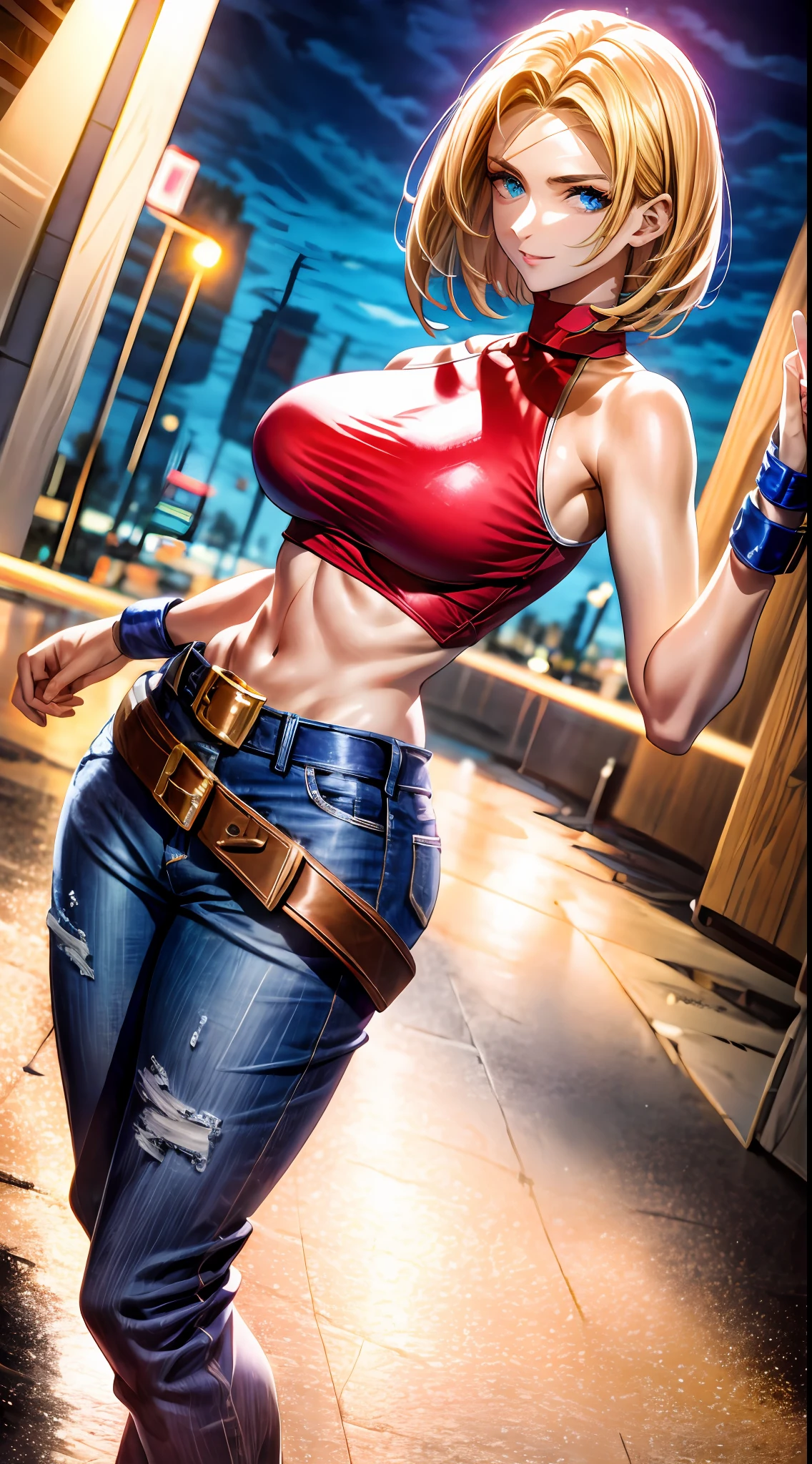 Blue Mary cosplay, melhor qualidade, (beleza), rosto garota 20 anos, rosto bonito, obra-prima, cropped vermelho, blusa vermelha, jeans with brown belt,  Physics-based rendering, ultra highres, cintura estreita, magro, olhos grandes, pernas longas, (seios pequenos), olhos inchados, noite, (cidade chuvosa), pele brilhante , de frente para o espectador, firm expression, realista, mulher, sexy,