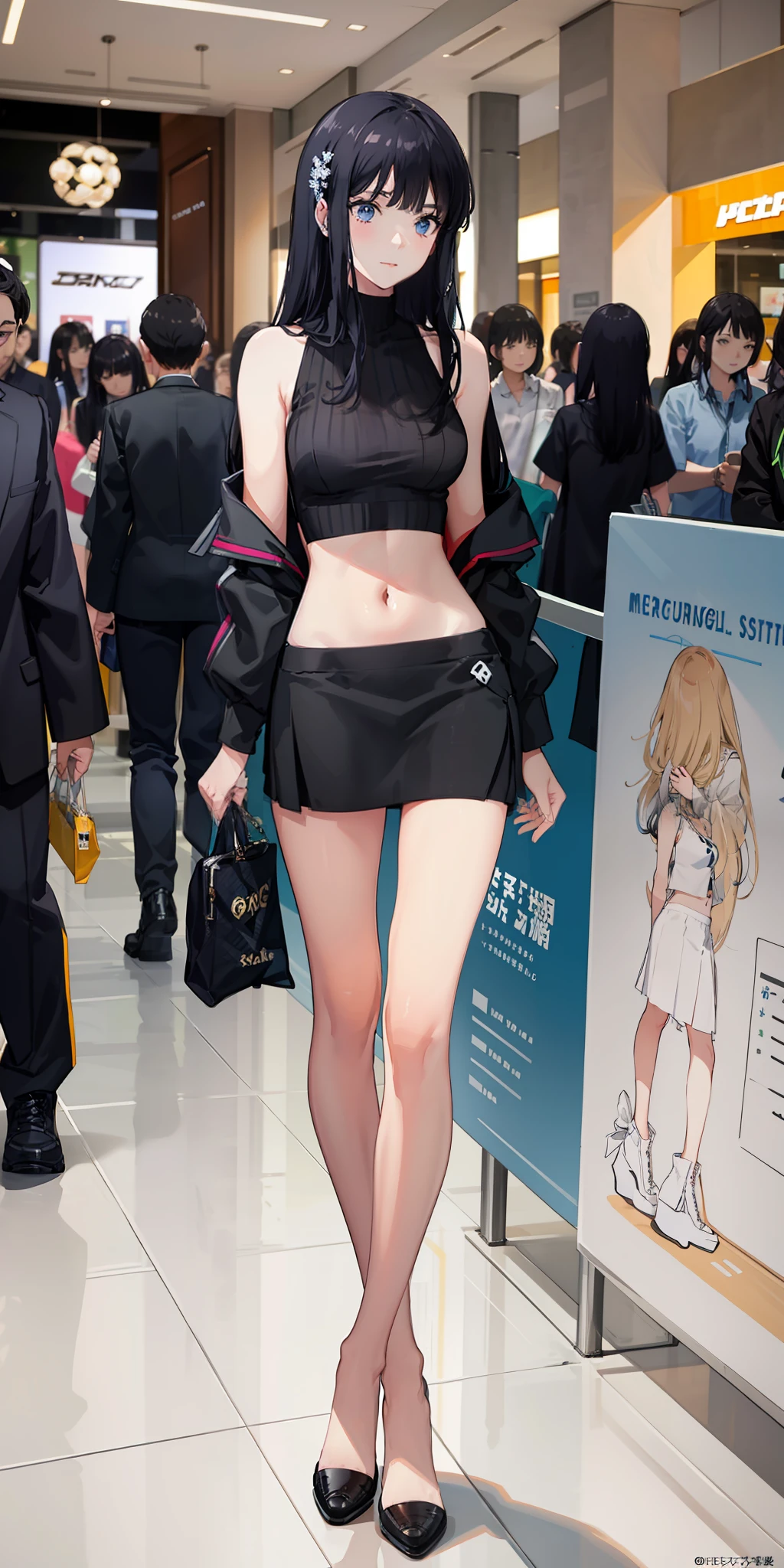 masterpiece, best quality, ultra-detailed, illustration,1girl,
long hair, black hair,
medium breast, short skirt, slim legs, navel, nervous, mall,