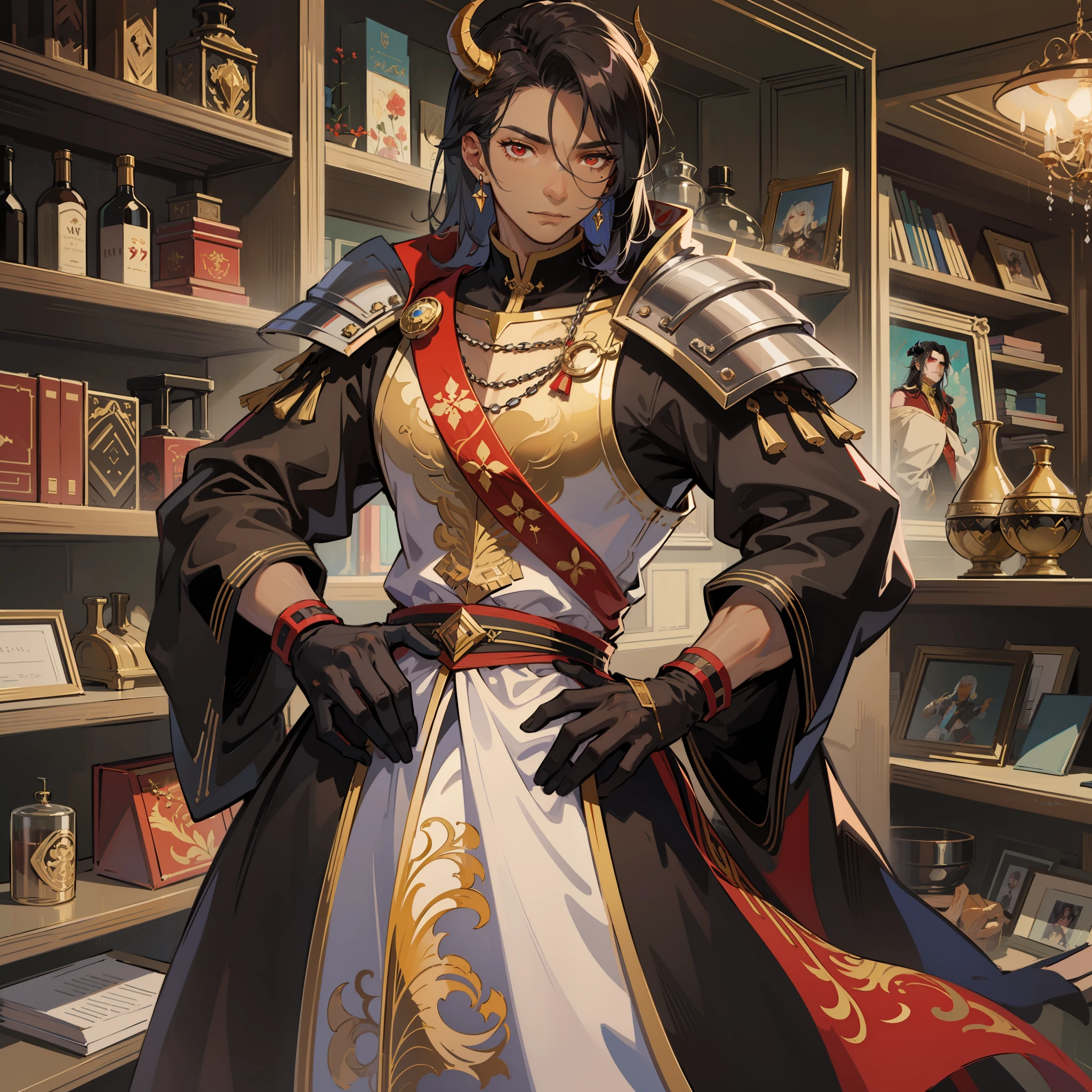 1 man - male - mature face - chin tip mustache - platinum long platinum hair - black skin - dark skin - dark brown skin - demon man - horns - red eyes - alone - solo - medieval fantasy