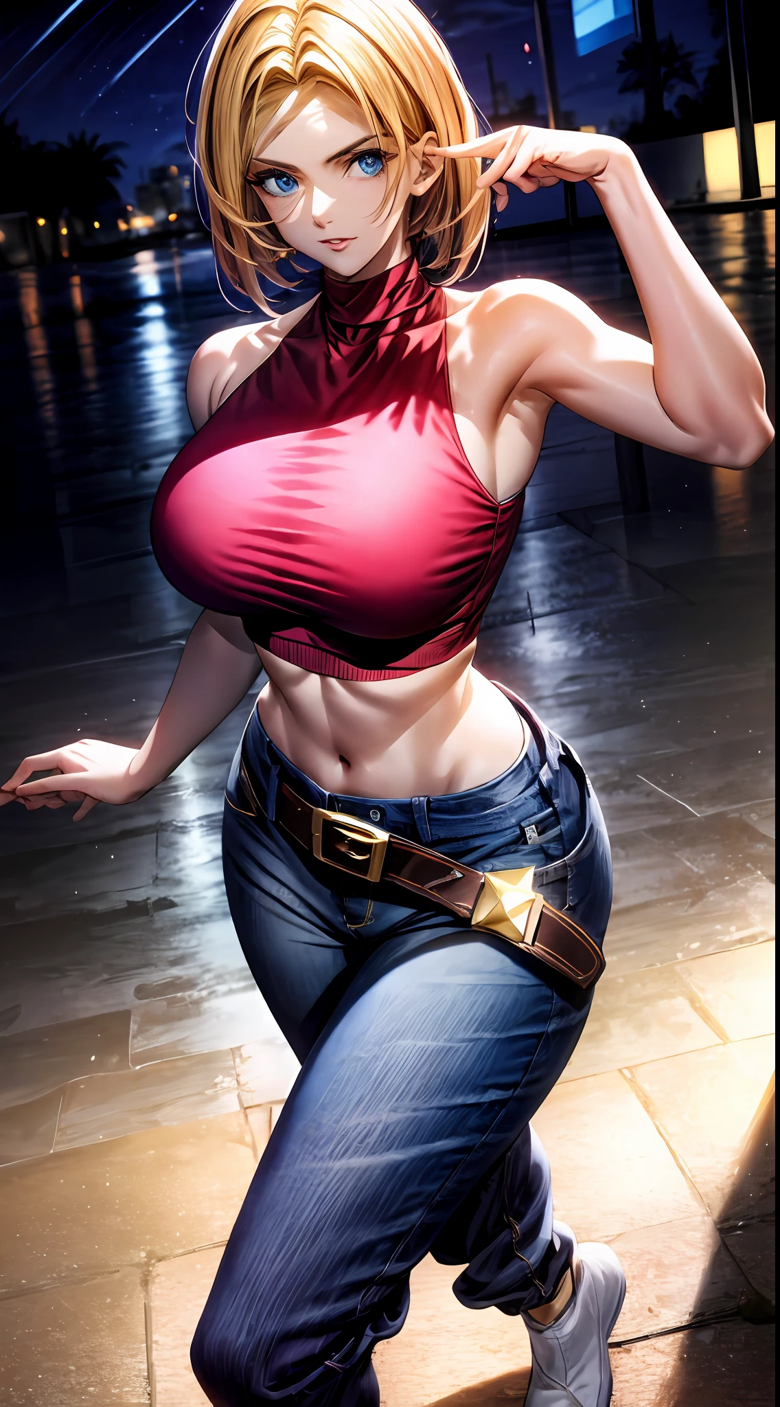 Blue Mary cosplay, melhor qualidade, (beleza), rosto garota 20 anos, rosto bonito, obra-prima, cropped vermelho, blusa vermelha, jeans with brown belt,  Physics-based rendering, ultra highres, cintura estreita, magro, olhos grandes, pernas longas, (seios pequenos), olhos inchados, noite, (cidade chuvosa), pele brilhante , de frente para o espectador, firm expression, realista, mulher, sexy,