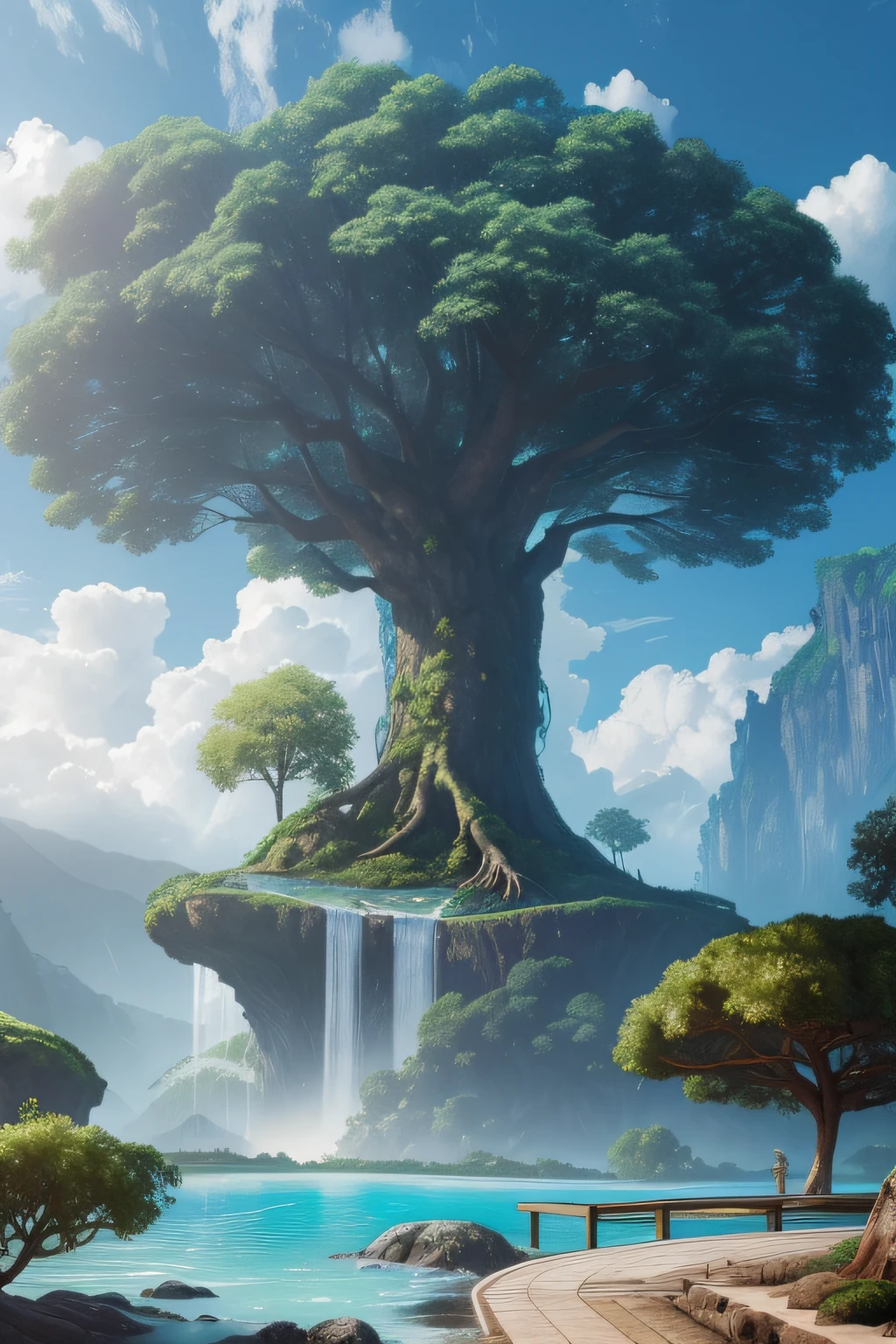 masterpiece, best quality, high quality, extremely detailed CG unity 8k wallpaper, a hyperrealistic colossal cyan raintree, in a futuristic prehistoric village, splashing water, sandy debris, lens flares, sunshaft, fluffy clouds, Hyperdetailed, HDR, bloom, Photorealistic, hyperdetailed