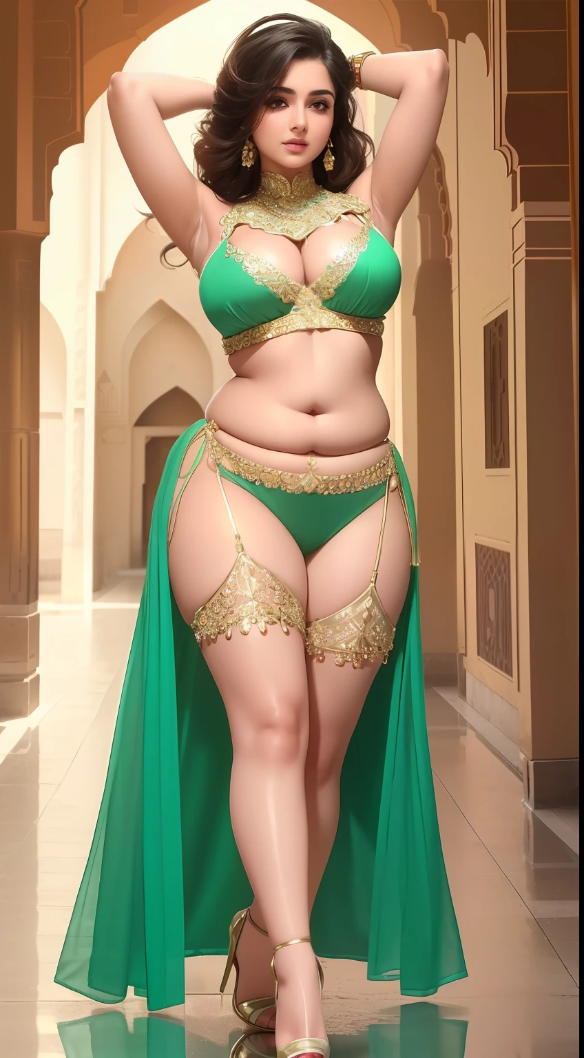 perfect face beautiful (arab:1.5) doctor in lace bra and saree wlop perfect full HDR body exposed midriff highleg (flat chest) curvy indian (armpits:1.4) bellydancer 8k chubby high res knees ankles , (plump:1.2) , cleavage (shiny skin:1.2) (full body shot:1.5) (high heels:1.5) lace bra walking down a path thong(dessert:1.4) (green theme:1.3)