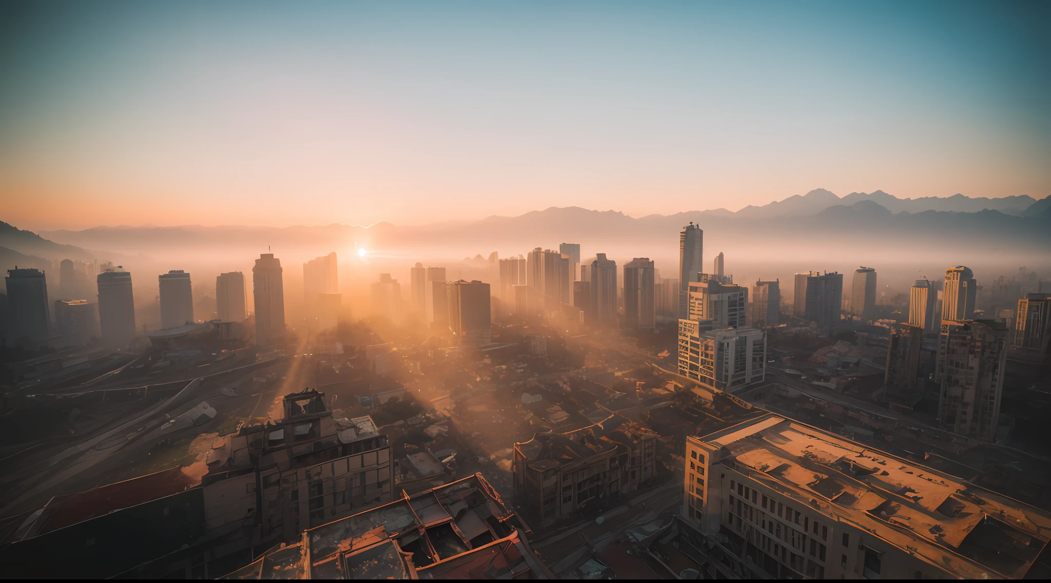 Ruins, Decaying building, in a thick fog, sony a7, film gain, Sunset, Cinematic lighting, Photorealistic, one-point perspective, 32K, diffuse reflection, colorful shiny particles, sharpness, Lens Flare, sharp reflection light