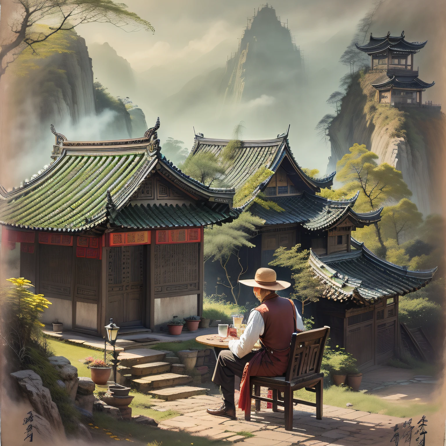 A middle-aged male,dressed in((period costume)),In the distance is(High hills)Bristling,Sitting in the yard,Face away from the house,(ancient buildings of China),((In drinking)),pondering