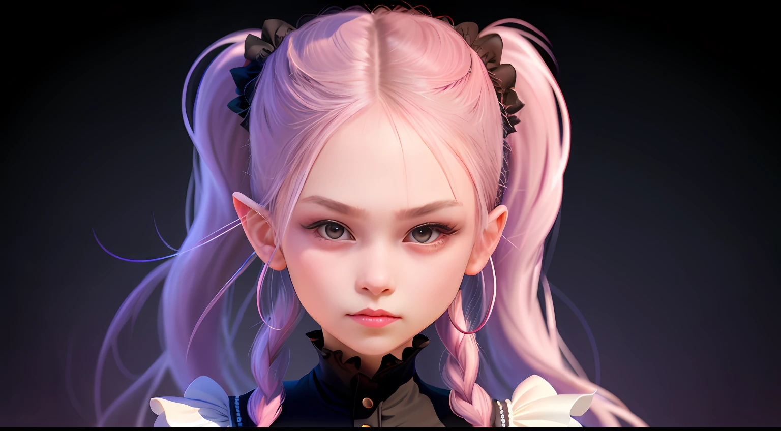 hair bobbles, wince, long eyelasher, solid circle eyes, Ear blush, Fang, braidedponytail, watered eyes, covering ears, Pout, shadowing, anaglyph, stereograms, tachi-e, angle of view, Half-body view, surrealism, stereograms, character sheets, Cowboy shot, Bokeh, ccurate, Best quality, hyper HD,bit girl