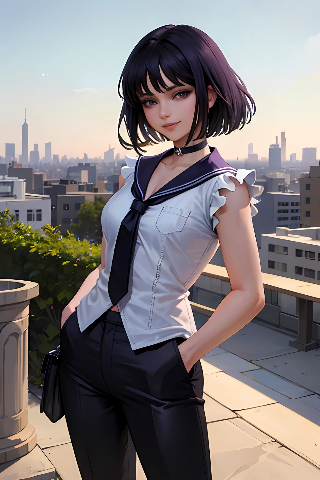 (masterpiece, best quality:1.2), cowboy shot, solo, 1girl, sailor saturn, smile, looking at viewer, hands in pockets, short black hair, purple eyes, formal, suit, necktie, black pants, choker, cityscape scenery, street