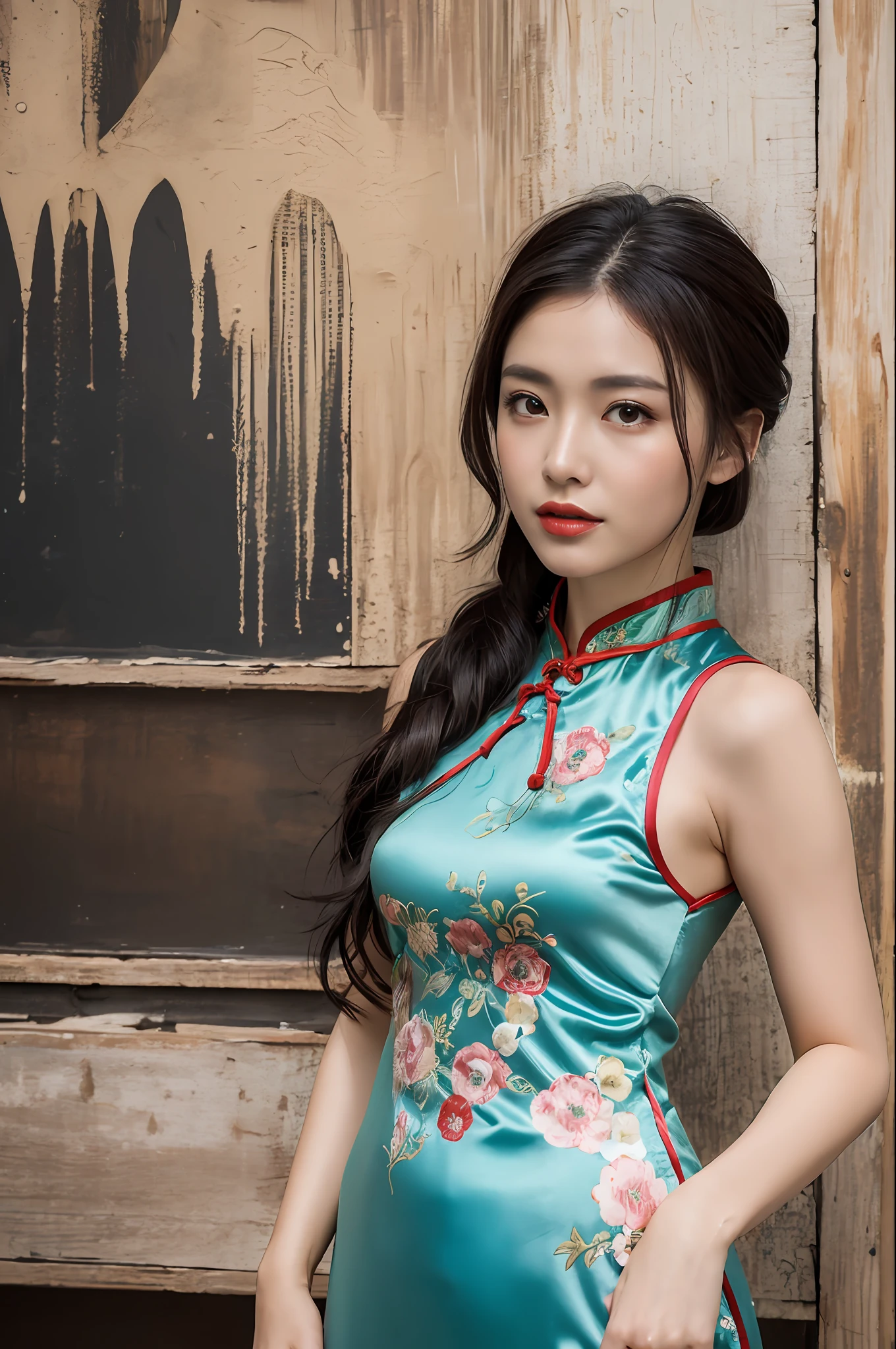 ((Best Quality, 8K, Masterpiece: 1.3)), Focus: 1.2, Wearing Traditional Chinese Costume, Cheongsam, Sleeveless, Split End, Full Body Photo, Standing Pose, Cafe Wall, Highly Detailed Facial and Skin Texture, Detailed Eyes, Double Eyelids, Whitened Skin, Long Ponytail