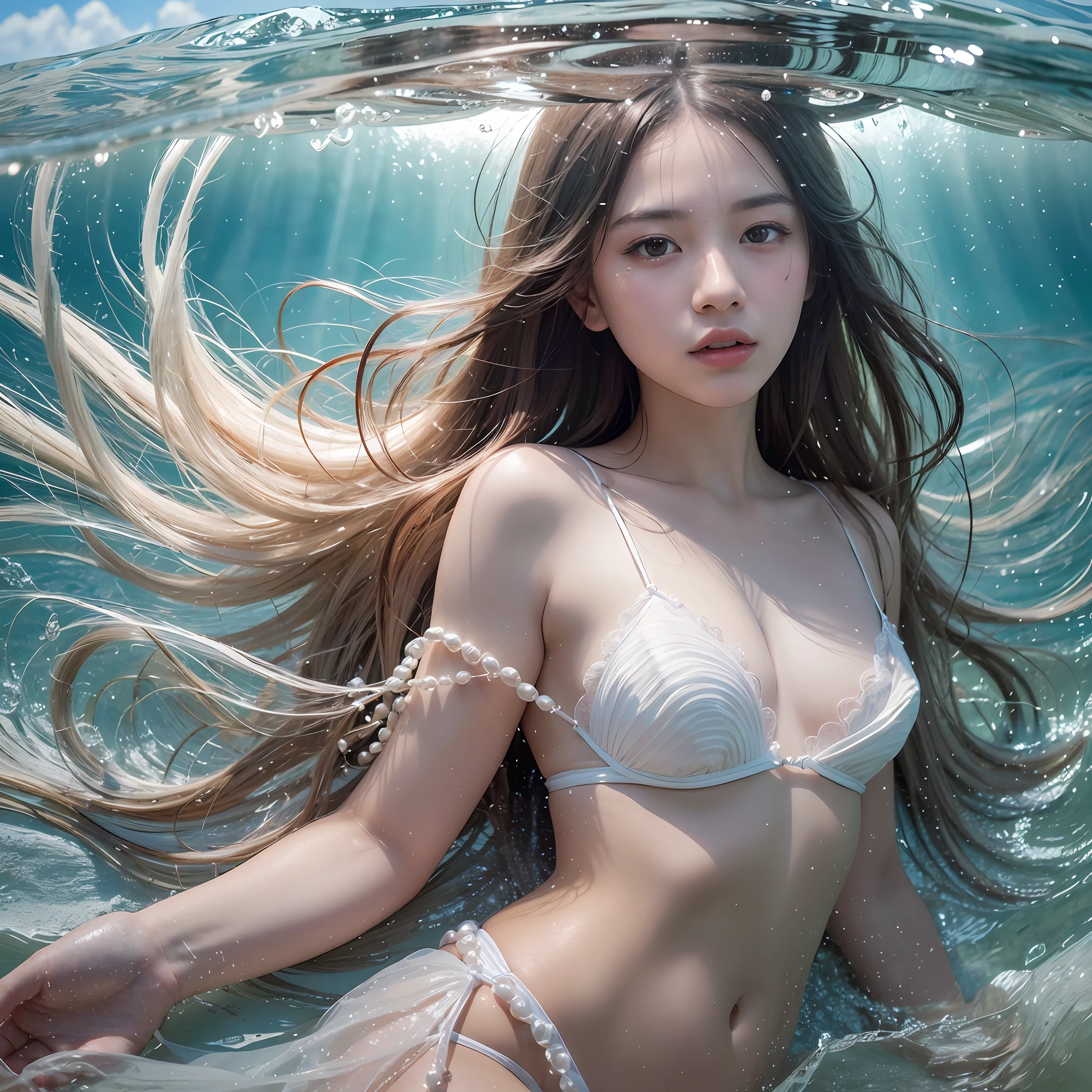 The model's head and bare shoulders emerge from the surface of a crystal clear lake. Her long hair floats in the water, intertwining with strands of pearls, seashells and seaweed. Rays of sunlight creating a shimmering, rippling effect around her.
(RAW photo, best quality),(realistic, photo-realistic:1.3), clean, masterpiece,finely detail,masterpiece,ultra-detailed,highres,(best illustration),(best shadow),intricate, bright light