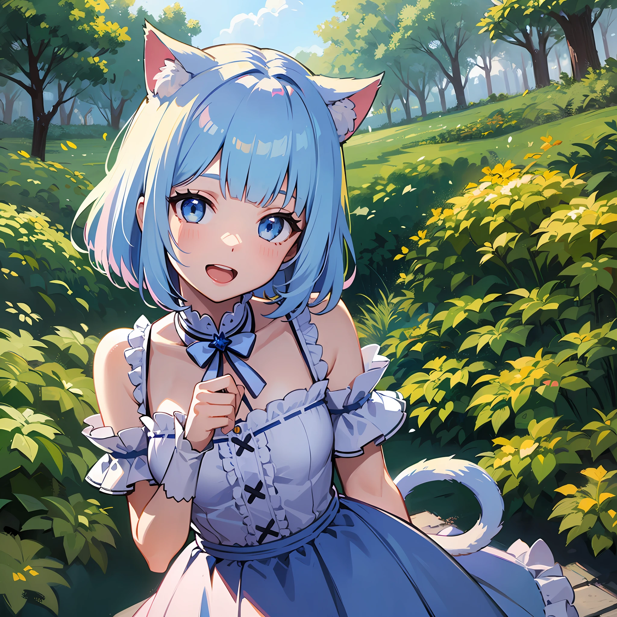 (masterpiece:1.3), (best quality:1.3), high resolution, 


couboy shot, 
head tilt, leaning forward, holding, 

(one cute girl:1.3), solo, 
white skin, small Breast, eight-headed person, 
light blue hair, (bobbed hair:1.2), (short hair:1.2), (blunt bangs:1.2), beautiful hair, blue eyes, beautiful detailed eyes, 

open mouth, heart, cheerful smile, 

frilled dress, bouquet, blue check skirt, cat ears, Simple Costumes, 

outdoors, flower garden, natural park, 

shadowlighting,