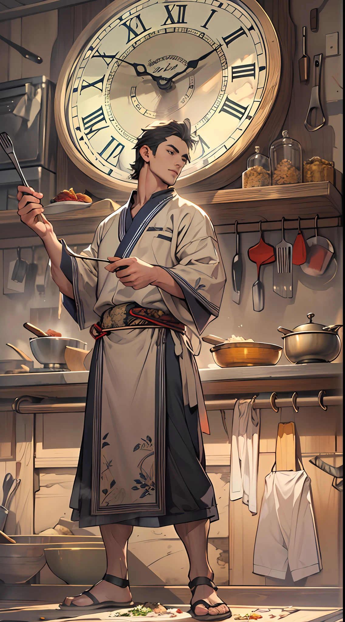 A tall, handsome man stands in the middle of the kitchen,Grip the spatula of fried rice in your hand。A huge clock behind him symbolizes the rapid passage of time。Best quality,Masterpiece level,super detailing,Highly delicate。