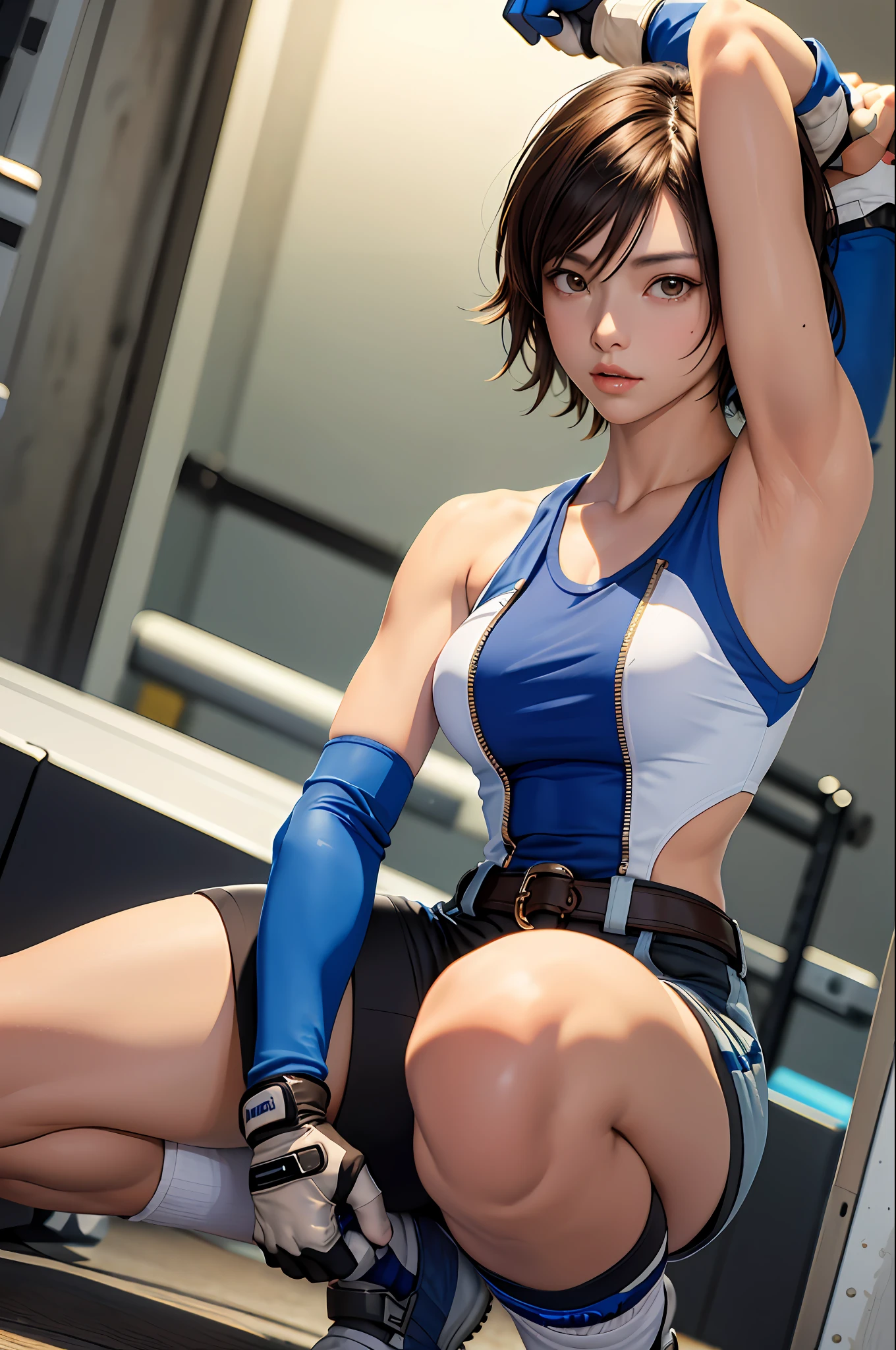 (masterpiece, premium quality: 1.2), alone, strong, 1girl (Kazama Asuka), short brown hair, brown eyes, crouched in the gym, armps up, armpit, wearing short top, shorts, (gloves: 1.1).