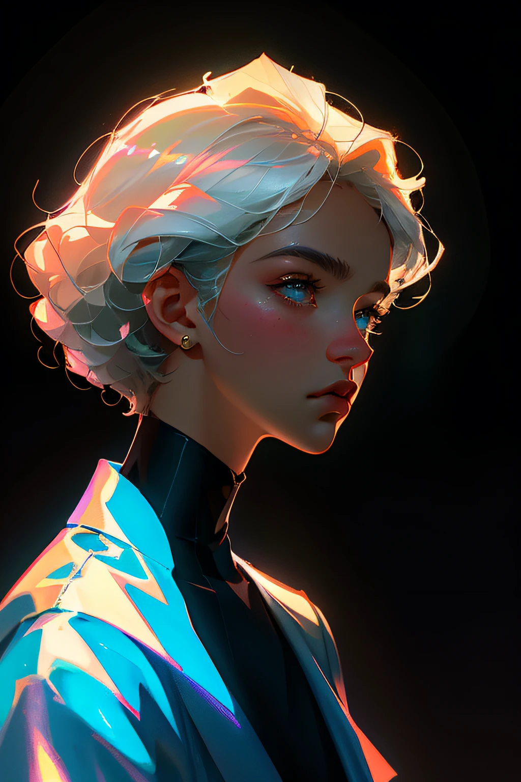 Highest quality,The perfect masterpiece,Perfect artwork,8K, (Upper Body Portrait:1.5),(((Seen from the side:1.2))),close-up lens,Delicate face, Whitehaire boy,(hakuhatsu:1.3),curly hair boy,(((male character))),(Black background:1.3), pearl illusion,Cyberpunk boy,fashion trend(((boy))),3s material,high-definition,detail representation,c4d,3D,octane rendering,ray tracing,complex details,animated lighting,OCrenderer,8k,