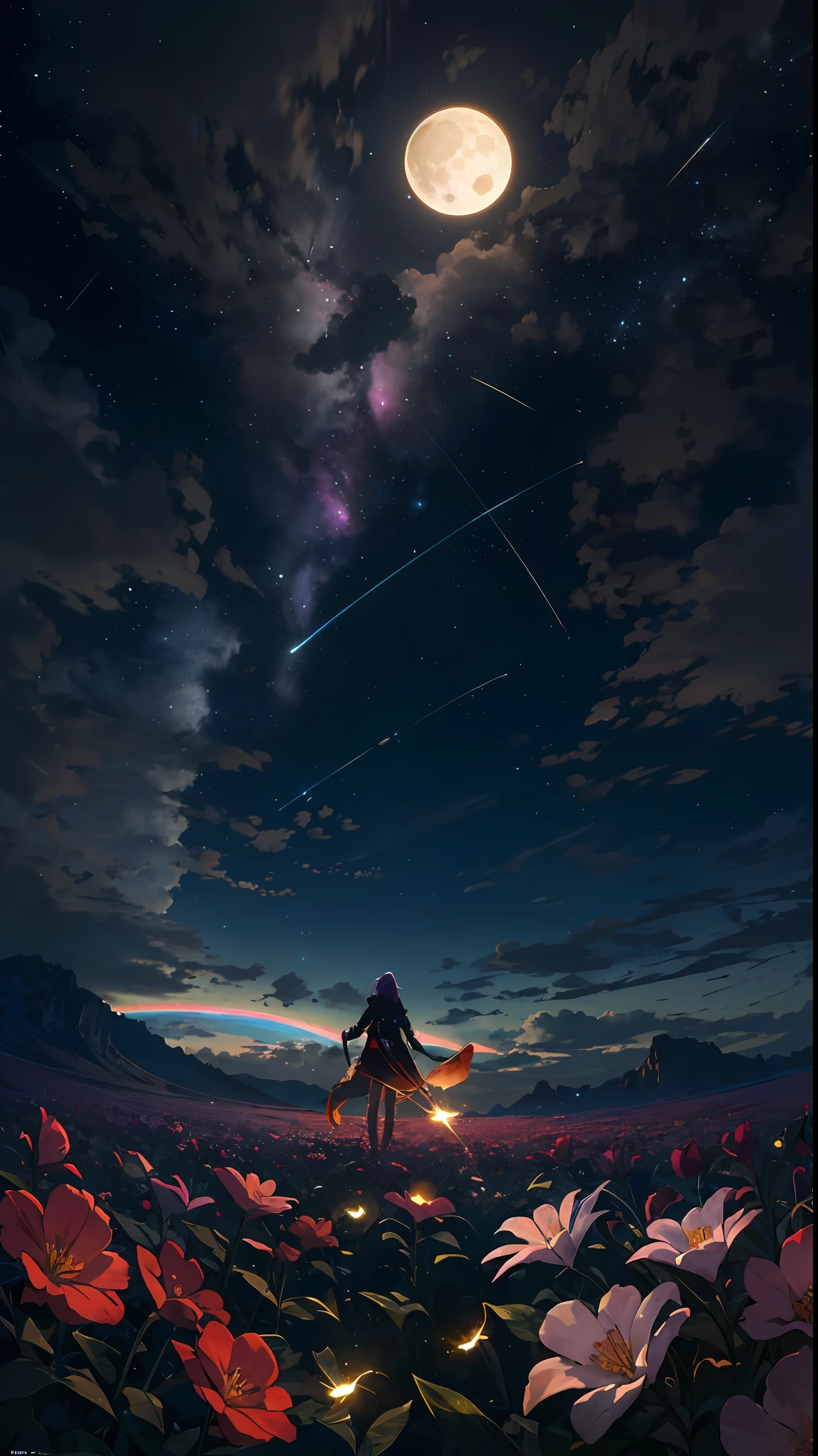 Vast landscape photo, (viewed from below, the sky is above and the open field is below), a girl standing on a flower field looking up, (full moon: 1.2), (meteor: 0.9), (nebula: 1.3), distant mountains , Trees BREAK Crafting Art, (Warm Light: 1.2), (Fireflies: 1.2), Lights, Lots of Purple and Orange, Intricate Details, Volumetric Lighting, Realism BREAK (Masterpiece: 1.2), (Best Quality), 4k, Ultra-Detailed, (Dynamic Composition: 1.4), Very Detailed, Colorful Details, (Rainbow Colors: 1.2), (Glow Lighting, Atmospheric Lighting), Dreamy, Magical, (Solo: 1.2)