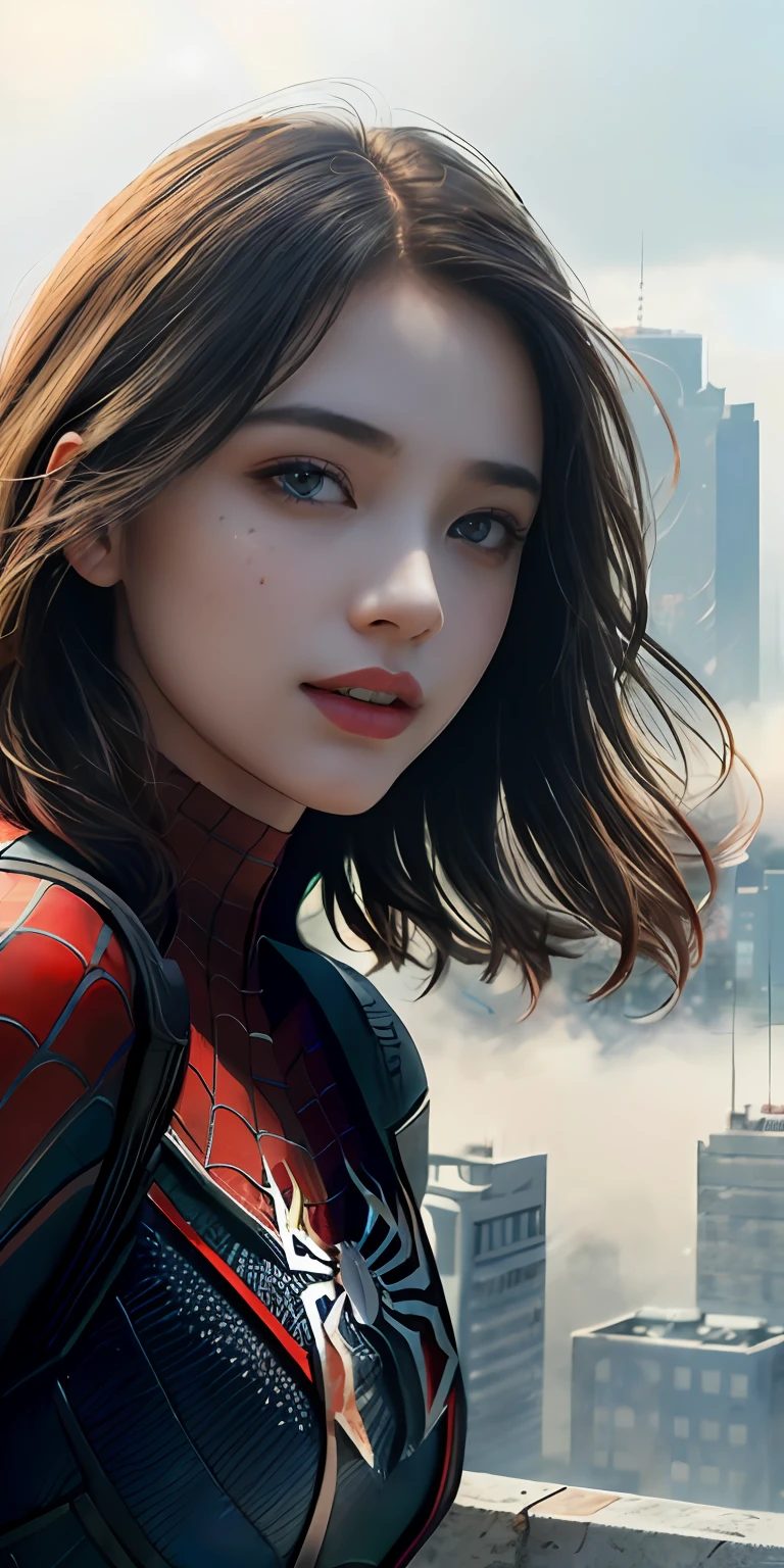 (1girl:1.3), Solo, (((Very detailed face)))), ((Very detailed eyes and face)))), Beautiful detail eyes, Body parts__, Official art, Unified 8k wallpaper, Super detailed, beautiful and beautiful, beautiful, masterpiece, best quality, original, masterpiece, super fine photo, best quality, super high resolution, realistic realism, sunlight, full body portrait, amazing beauty, dynamic pose, delicate face, vibrant eyes, (from the front), She wears Spider-Man suit, red and black color scheme, spider, very detailed city roof background, rooftop, overlooking the city, detailed face, detailed complex busy background, messy, gorgeous, milky white, highly detailed skin, realistic skin details, visible pores, clear focus, volumetric fog, 8k uhd, DSLR, high quality, film grain, fair skin, photo realism, lomography, futuristic dystopian megalopolis, translucent