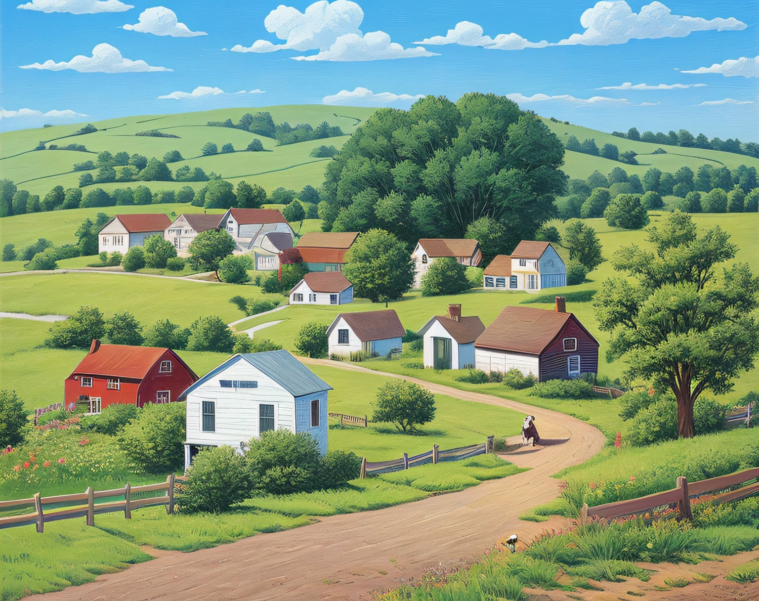 high quality comic of a woman and her dog on a country road, countryside city scene, rural splendor, naive art, american scene painting, country landscape, on a bright day, beautiful small town, by artist john sloane