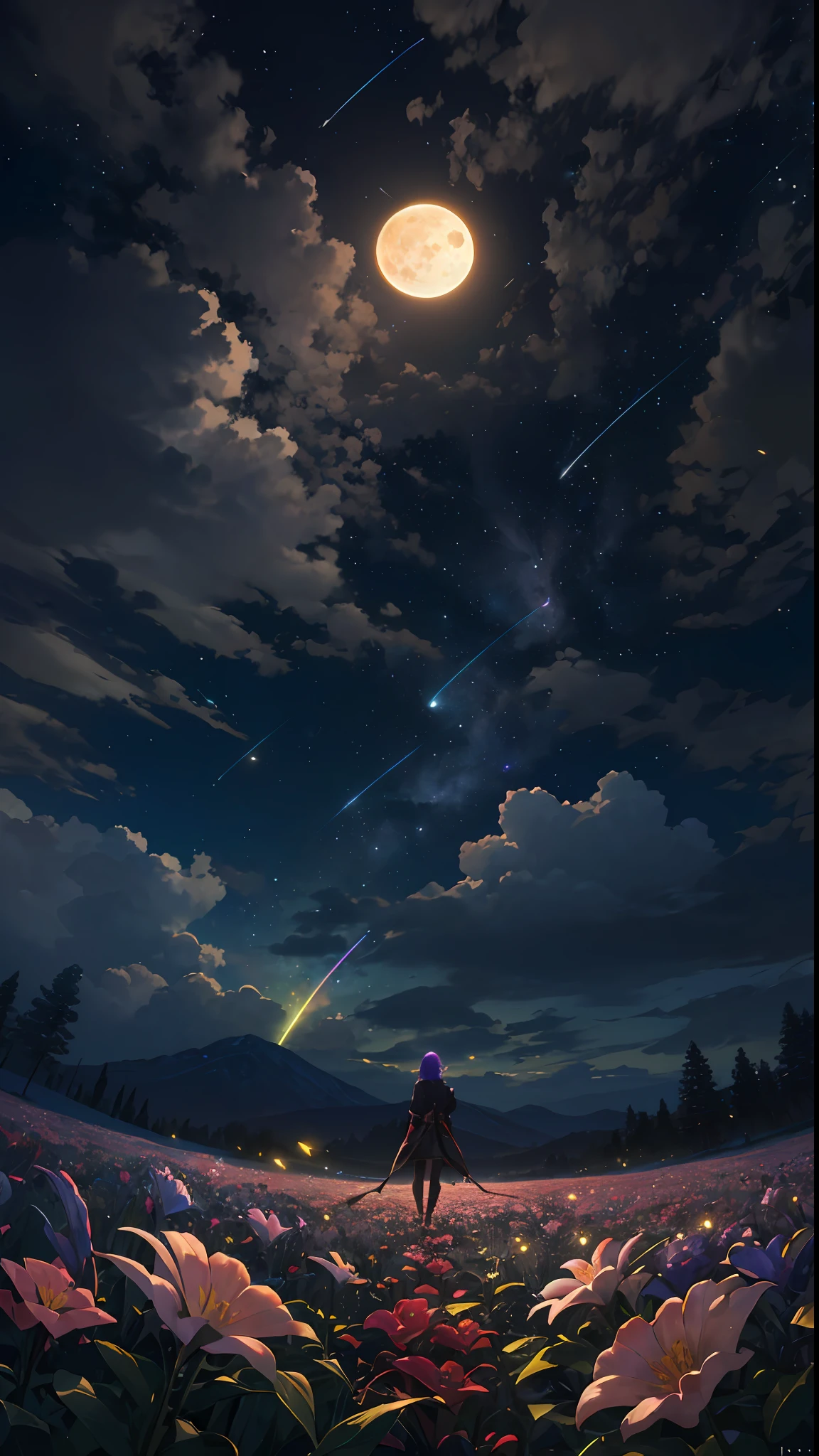 Vast landscape photo, (viewed from below, the sky is above and the open field is below), a girl standing on a flower field looking up, (full moon: 1.2), (meteor: 0.9), (nebula: 1.3), distant mountains , Trees BREAK Crafting Art, (Warm Light: 1.2), (Fireflies: 1.2), Lights, Lots of Purple and Orange, Intricate Details, Volumetric Lighting, Realism BREAK (Masterpiece: 1.2), (Best Quality), 4k, Ultra-Detailed, (Dynamic Composition: 1.4), Very Detailed, Colorful Details, (Rainbow Colors: 1.2), (Glow Lighting, Atmospheric Lighting), Dreamy, Magical, (Solo: 1.2)