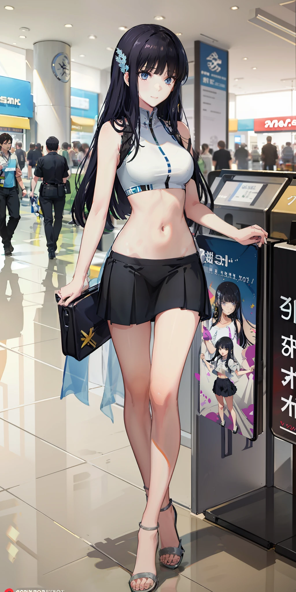 masterpiece, best quality, ultra-detailed, illustration,1girl,
long hair, black hair,
medium breast, short skirt, slim legs, navel, nervous, mall,