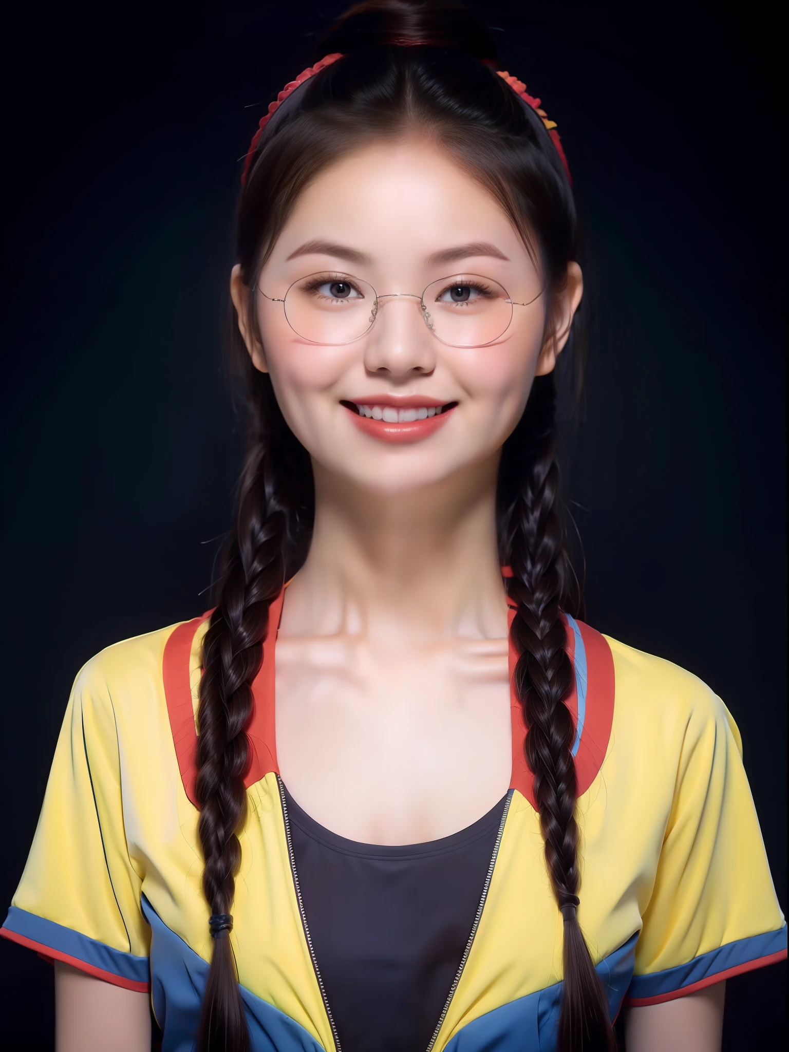 1girll，ID photo，The upper part of the body，Colorful school uniforms，closeup cleavage，solid color backdrop，ssmile，，（8K，RAW photos，Best picture quality，tmasterpiece：1.2），（Fidelity，Realism：1.37）