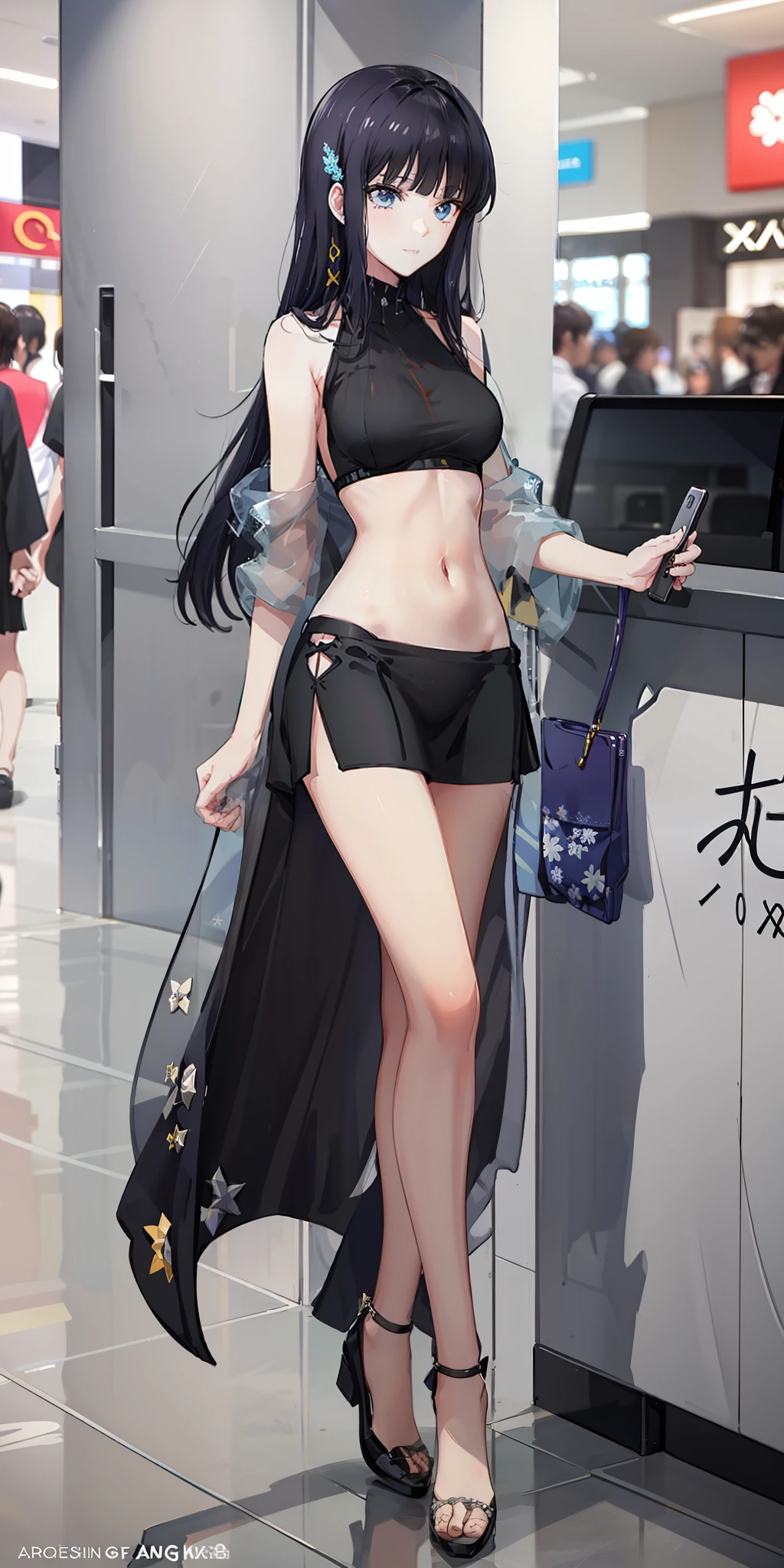 masterpiece, best quality, ultra-detailed, illustration,1girl,
long hair, black hair,
medium breast, short skirt, slim legs, navel, nervous, mall,