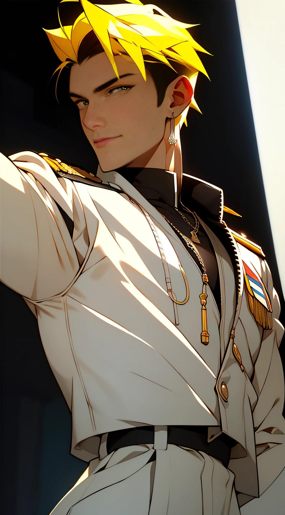 ((tmasterpiece, Need,Business negotiation aesthetics)),1 male solo, Close-up Shot Shot, (Determined eyes),(army suit),(White pilot captain jacket:1.3)(Detailed US Air Force pilot uniforms:1.5)(cabelos preto e longos),(formal outfit),Mature men,(Clear facial features,detailed skin textures,Handsome face),white backgrounid, Yellow skin, standing on your feet,(tmasterpiece,top Quority,best qualtiy),(((flatcolors))),Strong,