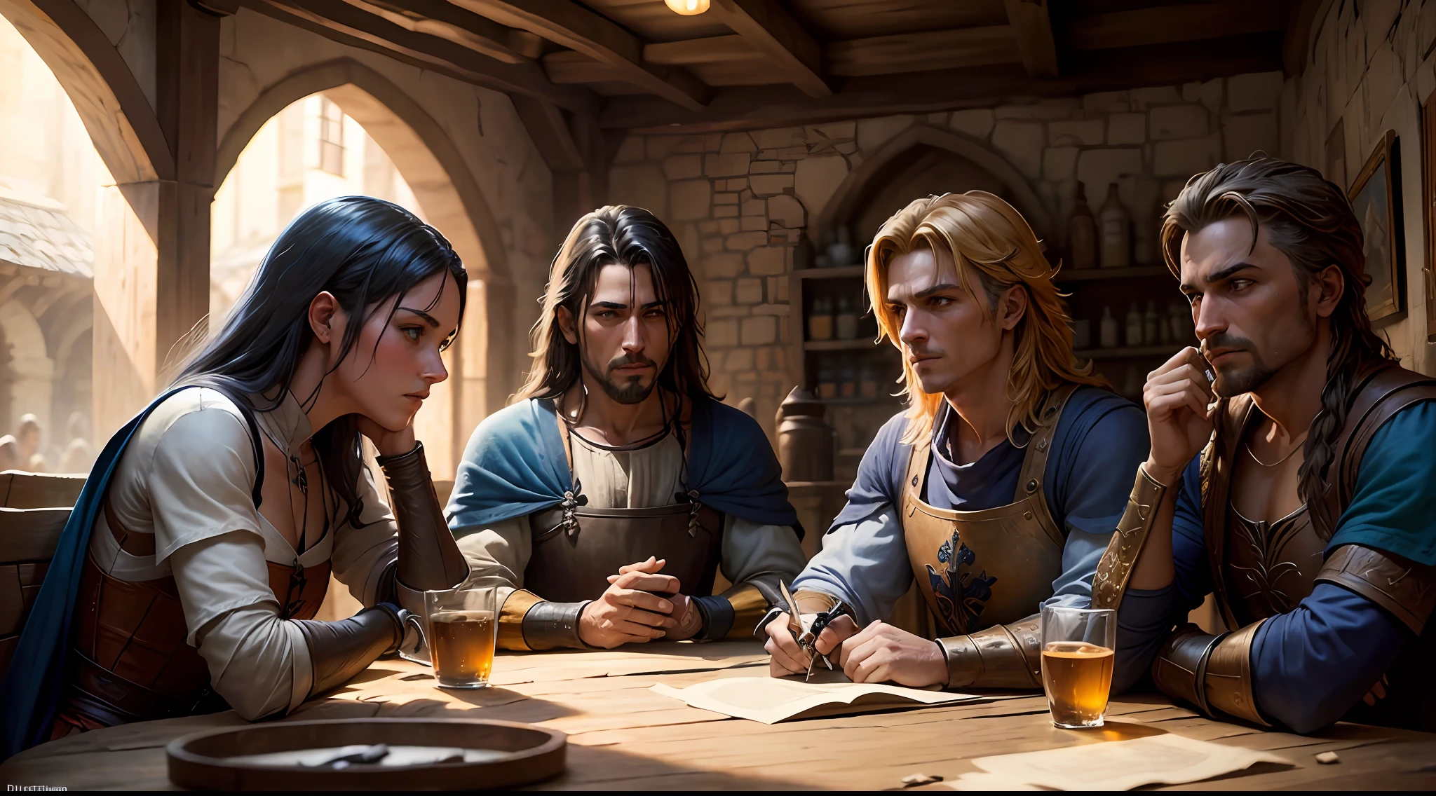Medieval tavern with several round tables, homens bebendo e rindo (melhor qualidade) (hiper detalhista) 10k, epic realistic, smooth cinematic image, Adobe Lightroom, photographic lab, altamente detalhado, desbotado, arte de greg Rutkowski e artgerm ,cores neutras: 1,2), (HDR: 1,4) , (cores suaves:1.2), hiperdetalhado, (art-station:1.4), cinemactic, luzes quentes, dramatic light, (detalhes intrincados:1.1), fundo complexo, (Rutkowski:0.66), (azul e laranja:0.4 --auto