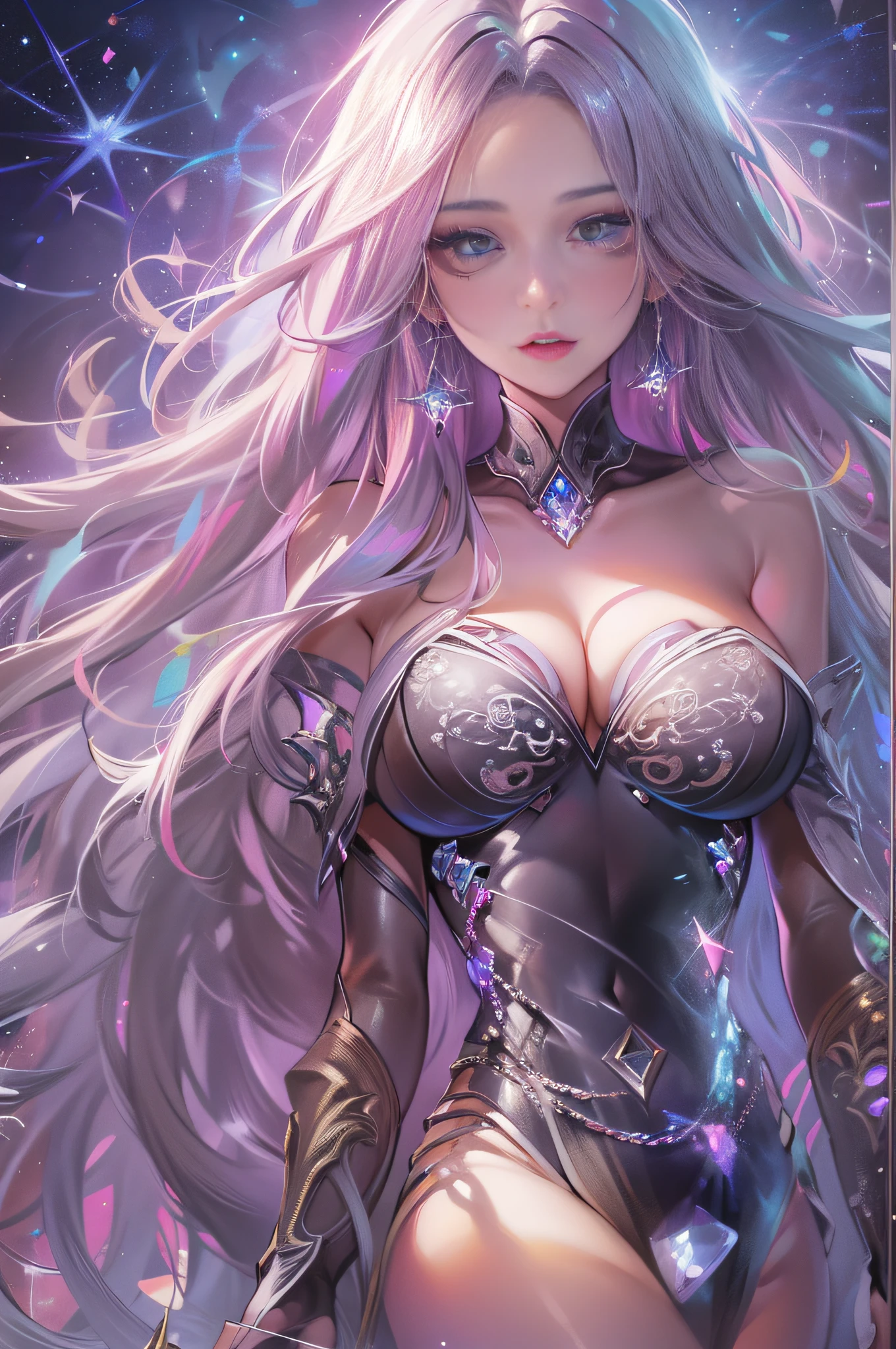 One very beautiful woman approaching you, wearing revealing clothes, crazy long hair, shiny hair, expressive hair, crystal hair, gradient eyes, seductive eyes, art Targeted, Conceptual Art, Glitter Effect, Glow, UHD, Retina, Masterpiece, Accurate, Anatomically Accurate, Ultra Detailed, High Detail, Fine Skin