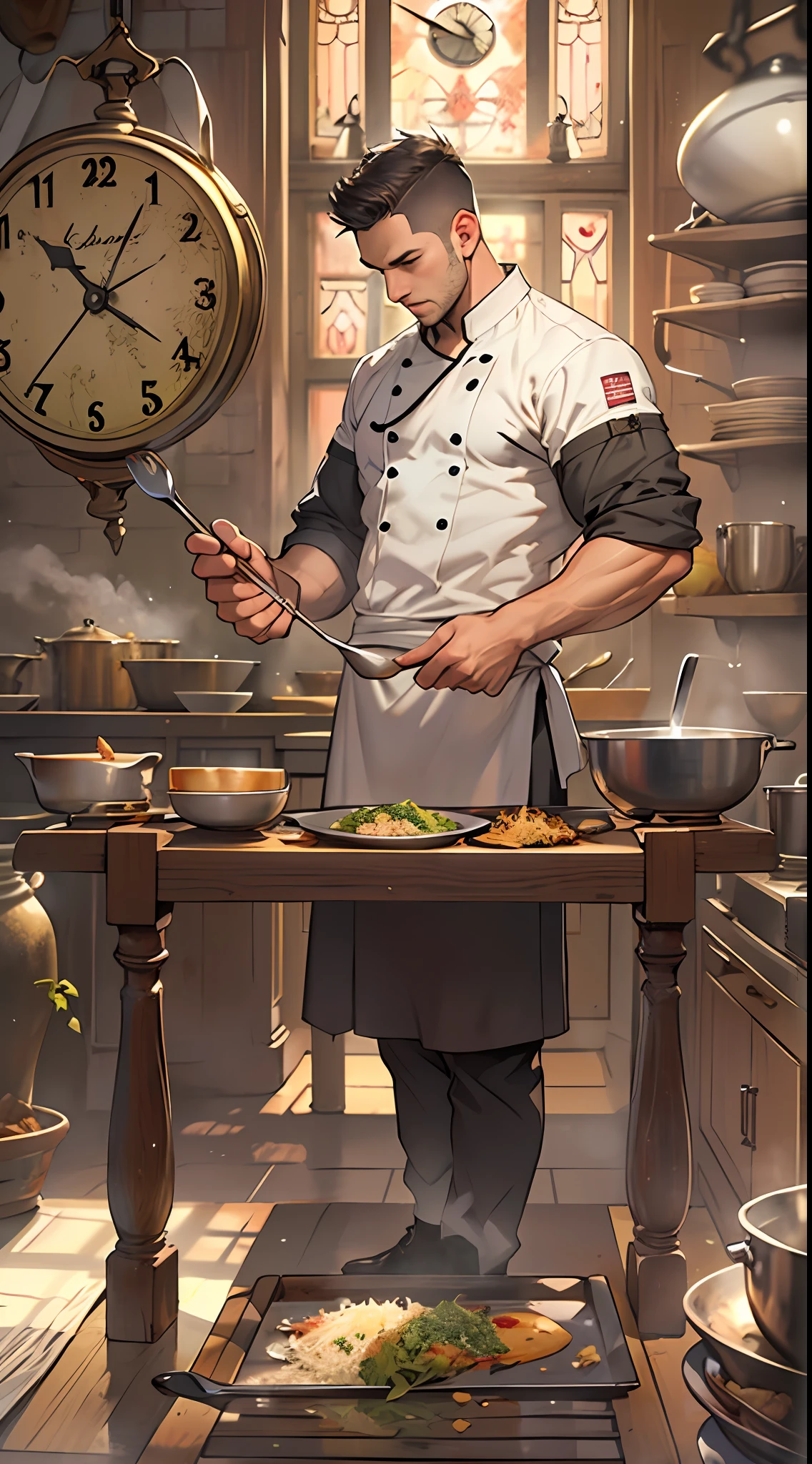 A tall, handsome male chef stands in an ancient kitchen，Grip the spatula of fried rice in your hand。A huge clock behind him symbolizes the rapid passage of time。Best quality，Masterpiece level，super detailing，Highly delicate。