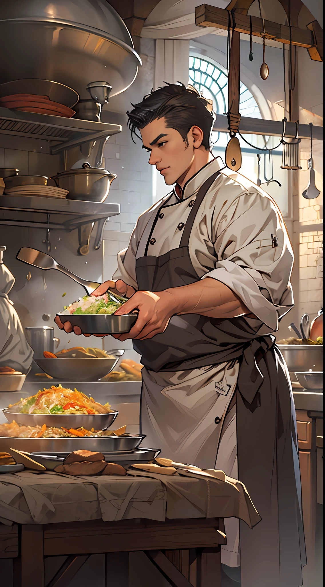 A tall, handsome male chef stands in an ancient kitchen，Grip the spatula of fried rice in your hand。A huge clock behind him symbolizes the rapid passage of time。Best quality，Masterpiece level，super detailing，Highly delicate。