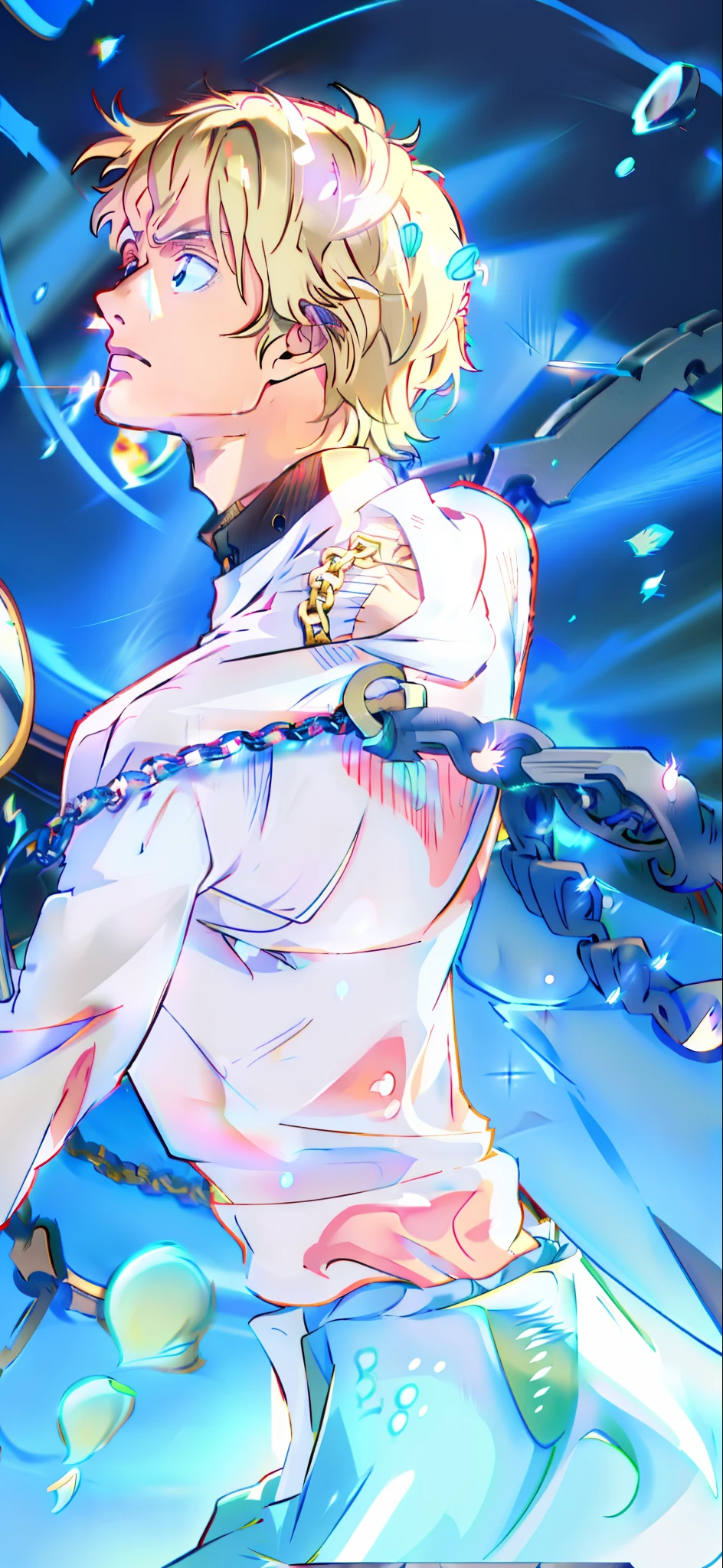Long blonde hair, thick glowing chains, the the man is wrapped in chains, Fine details. Anime. Tentacles, xqc, Best anime 4k konachan wallpaper, ((Chains)), genos from one punch man, srestrained, Tall anime guy with blue eyes, shackled in the void