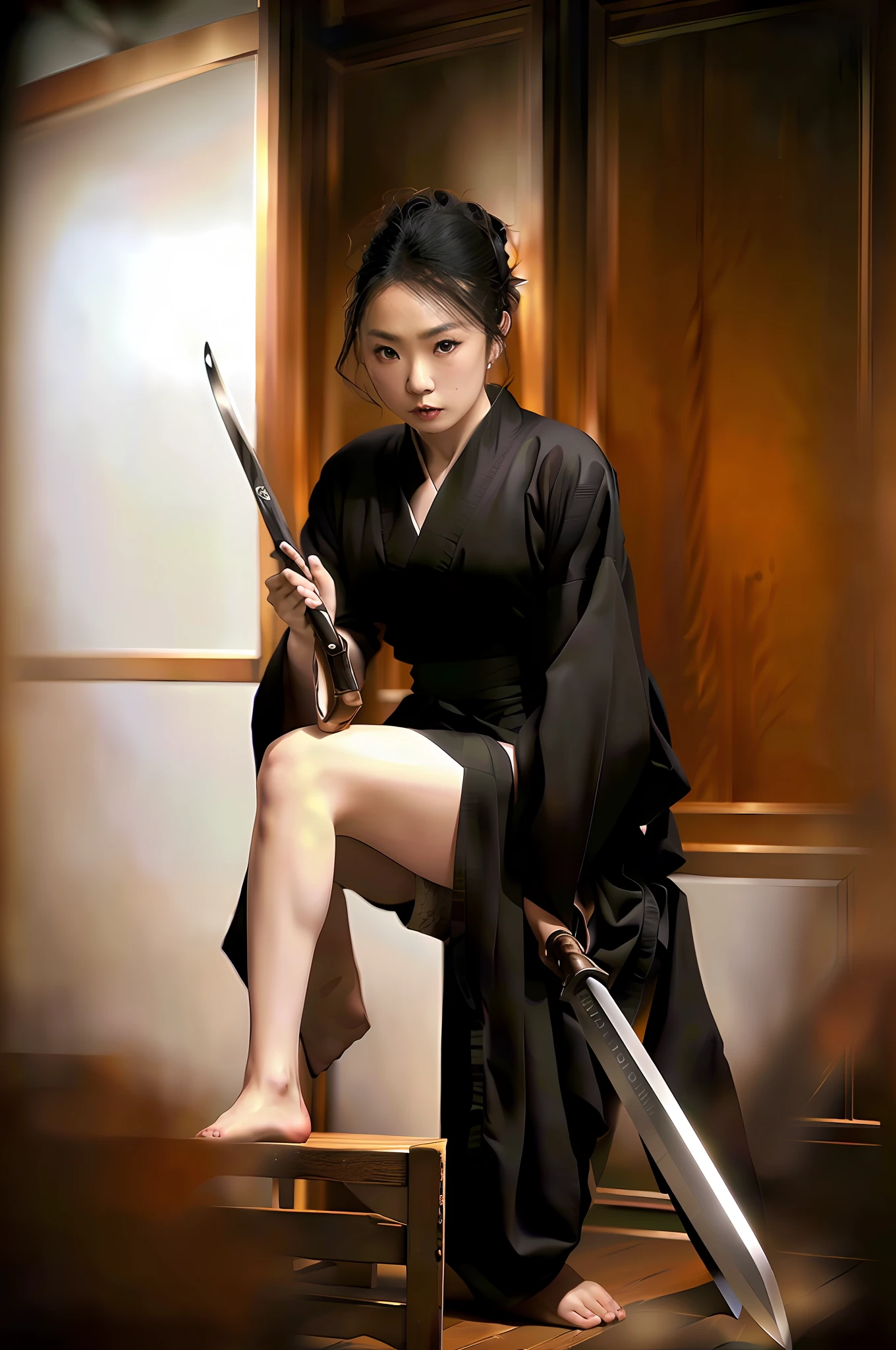 With your right foot on a stool holding a sword in your right hand，Årafed woman in kimono, Female Sayakuza, She has a hand sword, Heart tied to the shoulder,  hone onna skeleton geisha, araki nobuyoshi, posing with a sword, Holding an umbrella in your left hand, actress, portrait shot