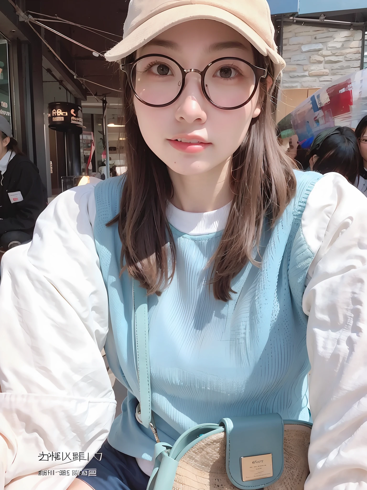 Araki woman sitting on a bench wearing a hat and glasses, wearing thin large round glasses, , 8K selfie photos, wearing small round glasses, 🤤 girl portrait, clear cute face, lofi-girl, Korean girl, !!wearing modern glasses!!