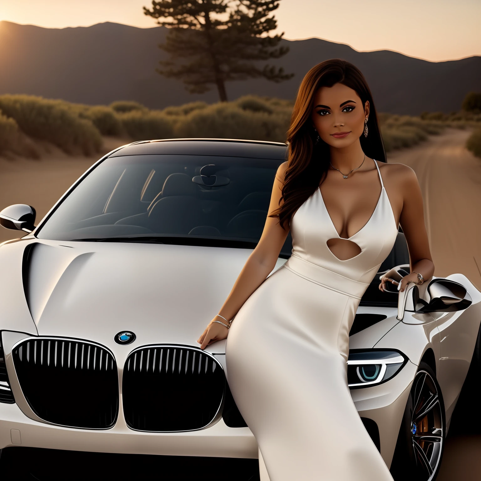 "Beautiful brunette, confidently driving a luxurious BMW car."