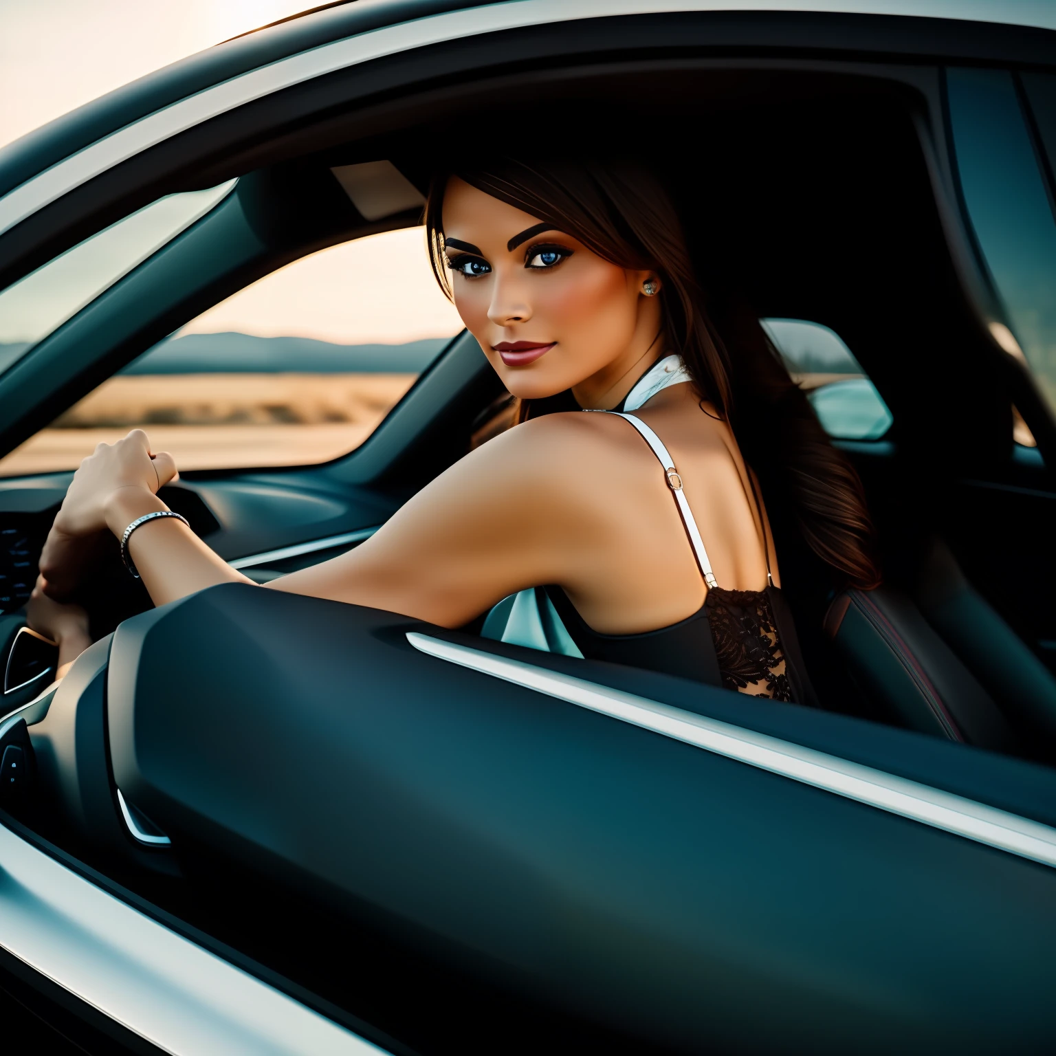 beautiful brunette, behind the wheel of a BMW car