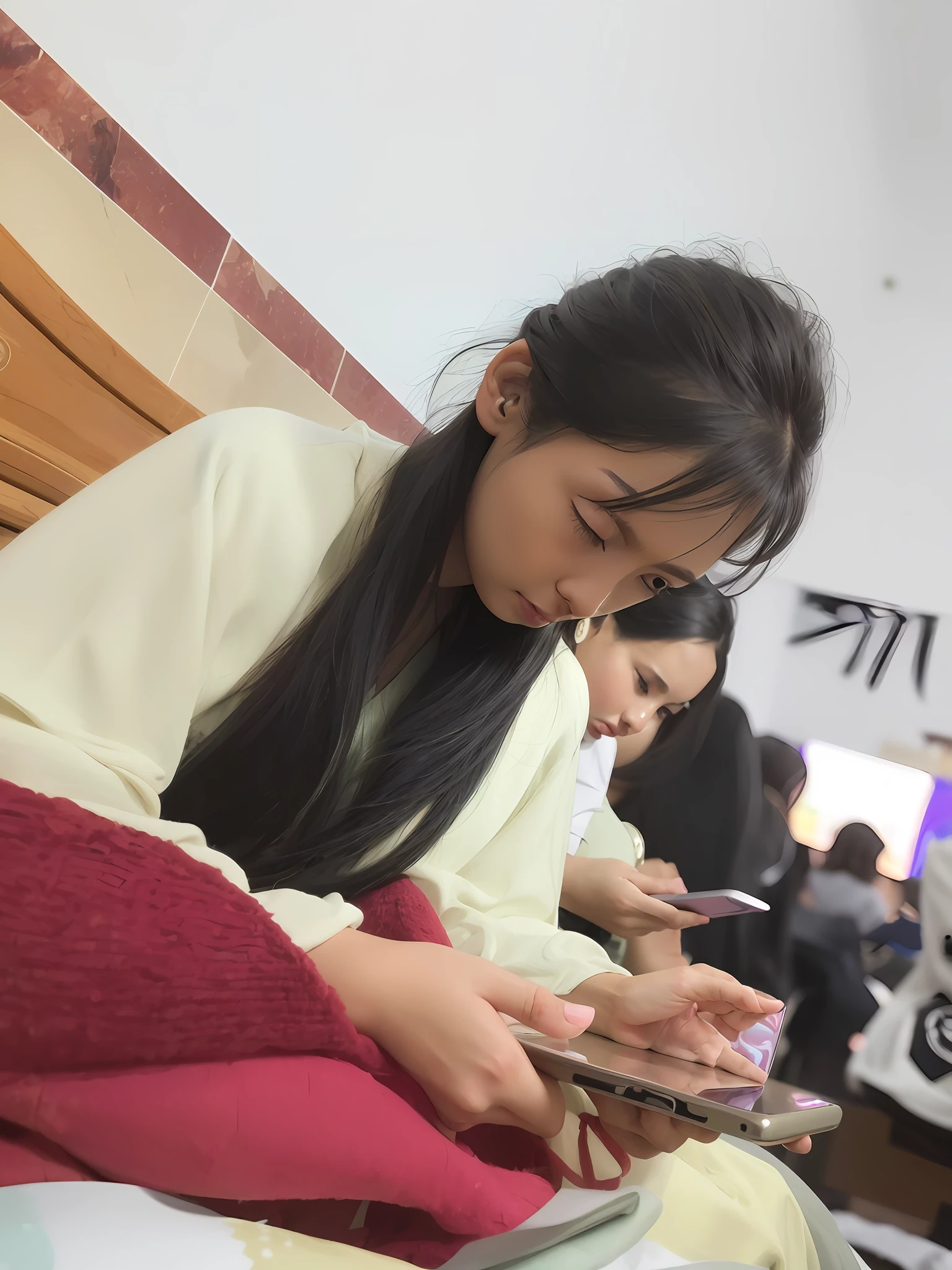 Two women sitting on bed looking at their phones, checking her phone, chinese artist, girls resting, Student, photograph taken in 2 0 2 0, checking her phone, they are very serious, taken in 2 0 2 0, candid shot, high-quality photo, candid picture