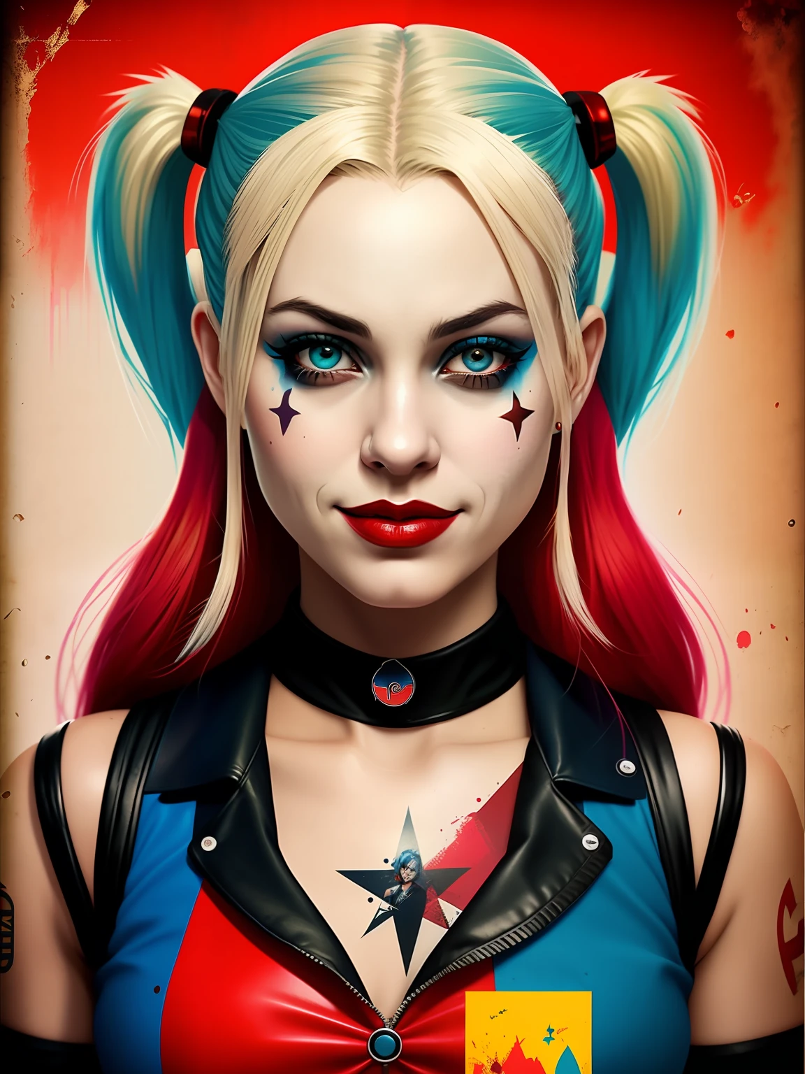 Harley Quinn , VHS effect, (poster:1.6), poster on wall, nostalgia, movie poster, portrait, close up (skin texture), intricately detailed, fine details, hyperdetailed, raytracing, subsurface scattering, diffused soft lighting, shallow depth of field, by (Oliver Wetter)