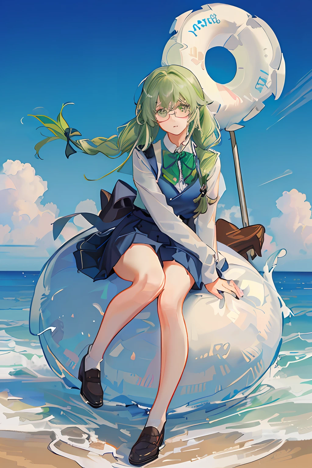 Green hat，There is a white flower on the head，schoolboy，Breeze breaks the lid，No clothes