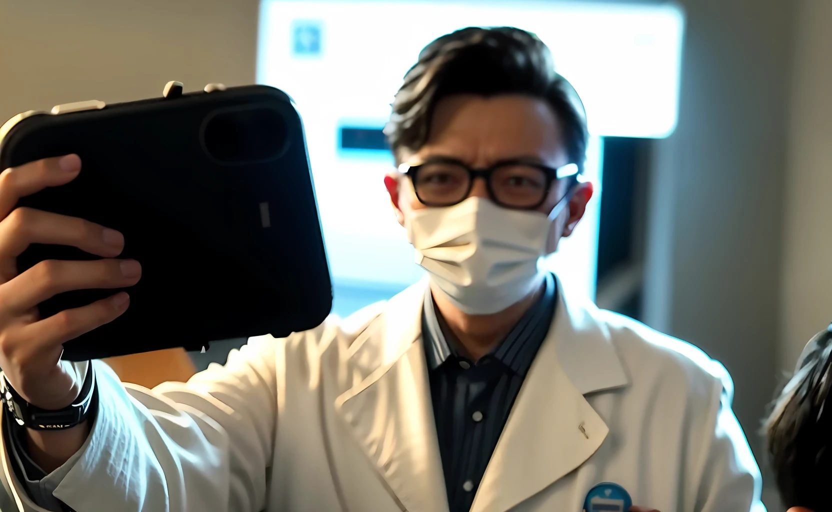 Wearing a white coat，Wear a mask，A doctor who takes a live broadcast on his mobile phone while doing circumcision