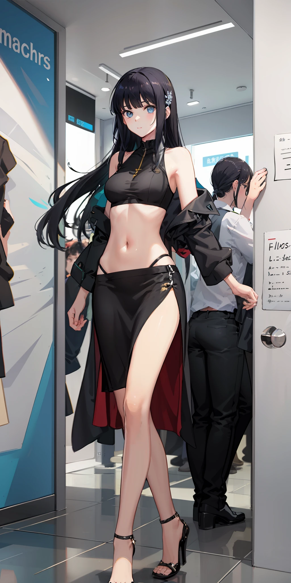 masterpiece, best quality, ultra-detailed, illustration,1girl,
long hair, black hair,
medium breast, skirt, slim legs, navel, nervous, mall,
