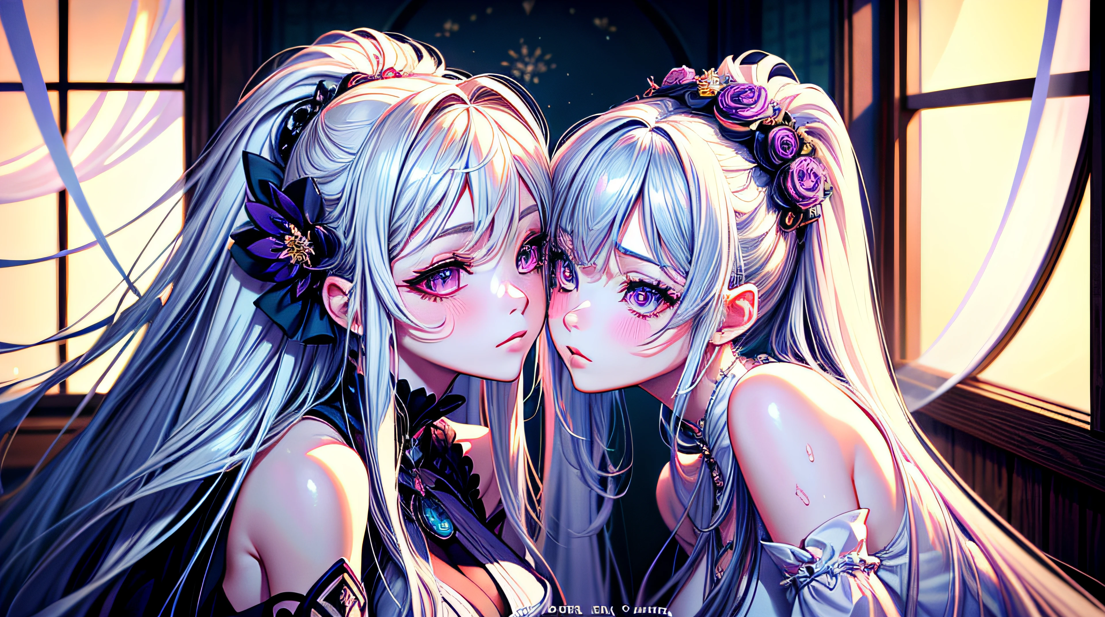 anime - style image of two women in a room with a window, kissing together cutely, kissing together, kissing each other, lovely kiss, fine details. two beautiful anime girls, white hair, purple eyes, glowing eyes, cute, kawaii, digital art, finely detailed eyes, embarrassed expression, long_hair, blushing, (highly detailed 8k wallpaper), best resolution, very_long_hair, masterpiece, best quality ,masterpiece, illustration, an extremely delicate and beautiful, extremely detailed ,CG ,unity ,8k wallpaper, Amazing, finely detail,huge filesize, ultra-detailed, highres, extremely detailed,beautiful detailed girl, extremely detailed eyes and face, beautiful detailed eyes,