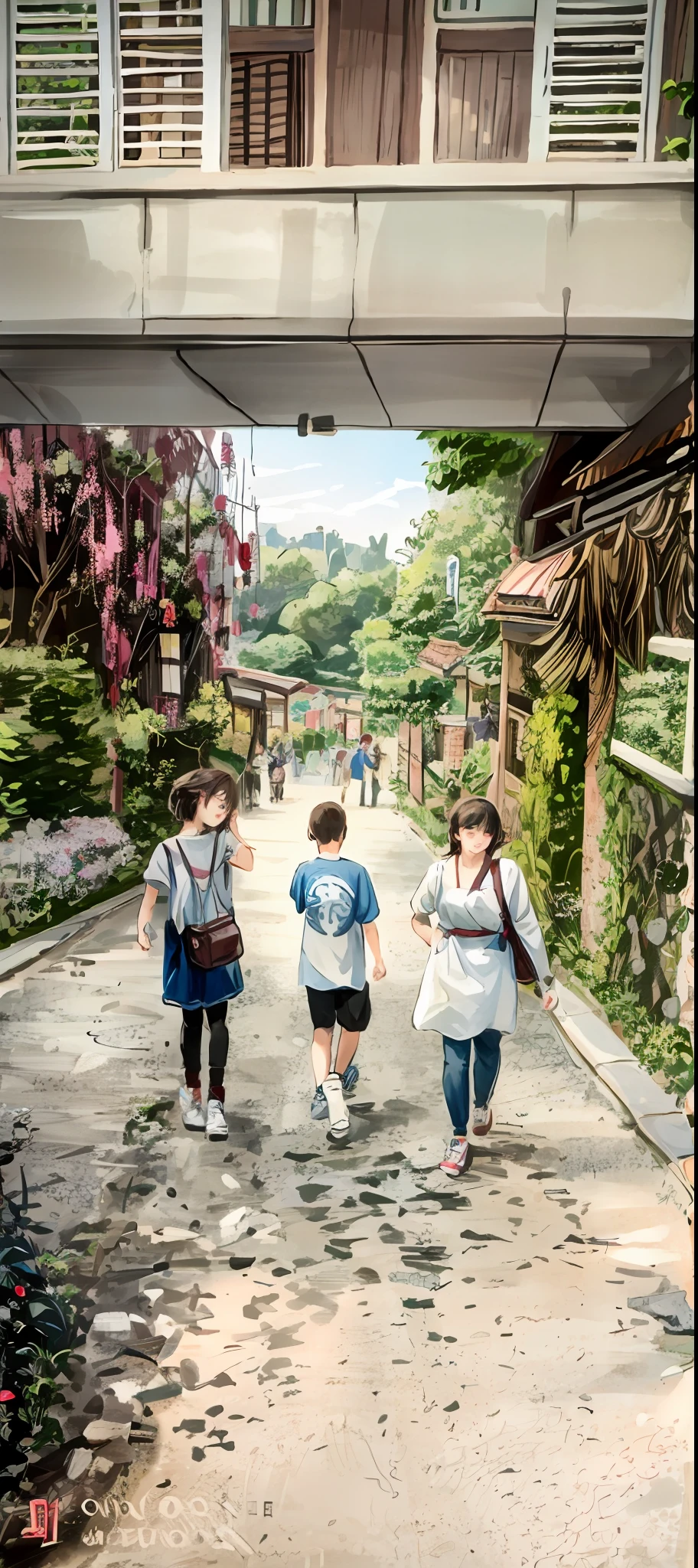 Walking on a small road，In the background is a bridge, walking at the garden, Mother daughter son, People walking around, , kid, walking through a suburb, near a stone gate, Hangzhou, travelers walking the streets, ancient city streets behind her